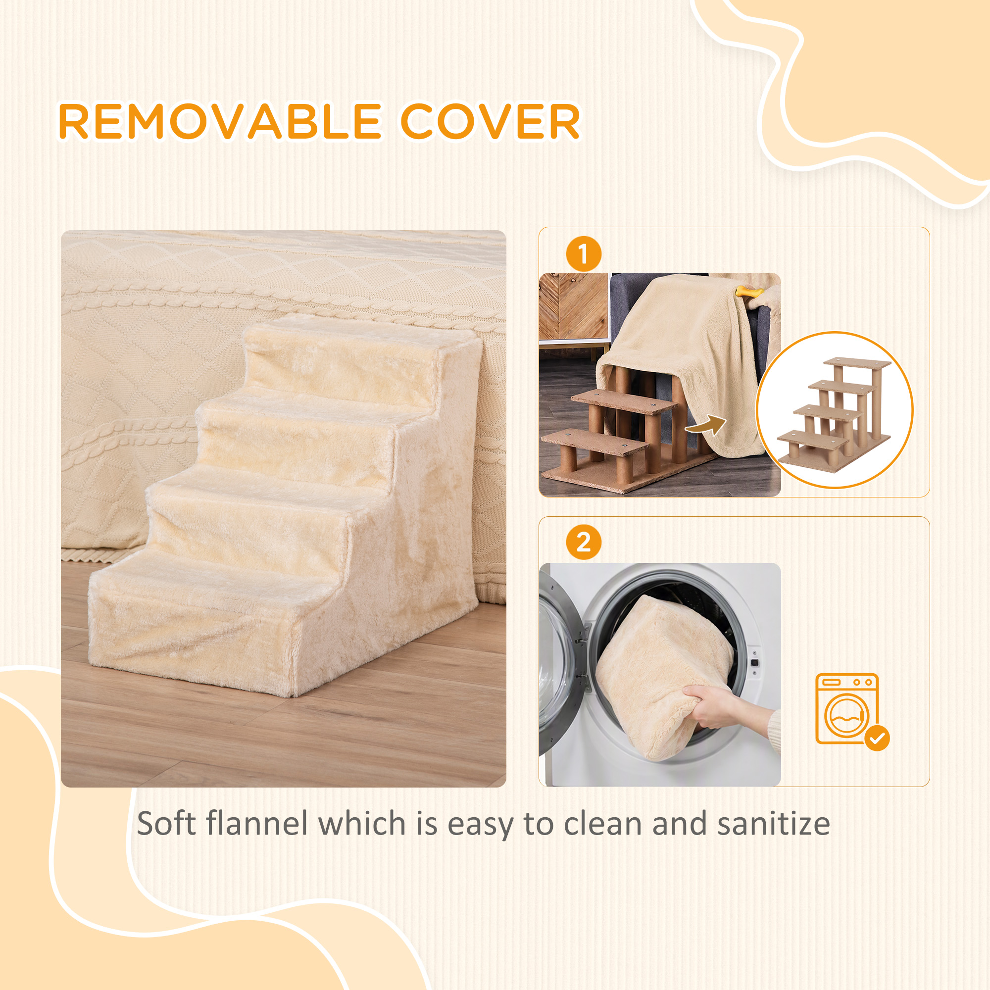 4-Step Dog Ramp for Sofa, Bed, and Couch, with Removable Cover, Beige