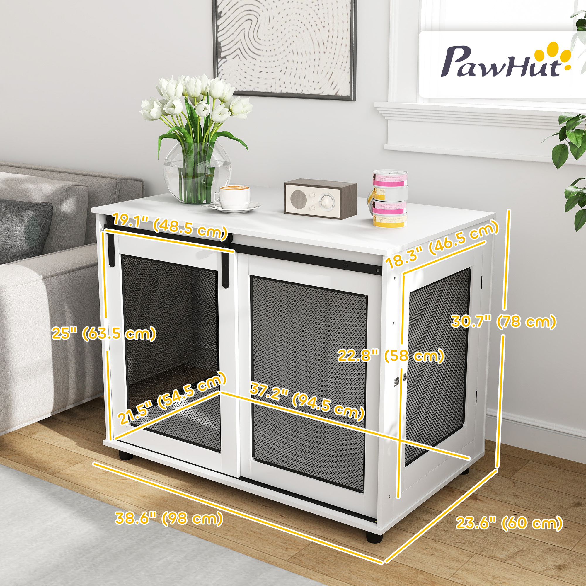 39" Dog Crate Furniture with Sliding Barn Door, Furniture Style Dog Cage End Table for Large Dogs, White