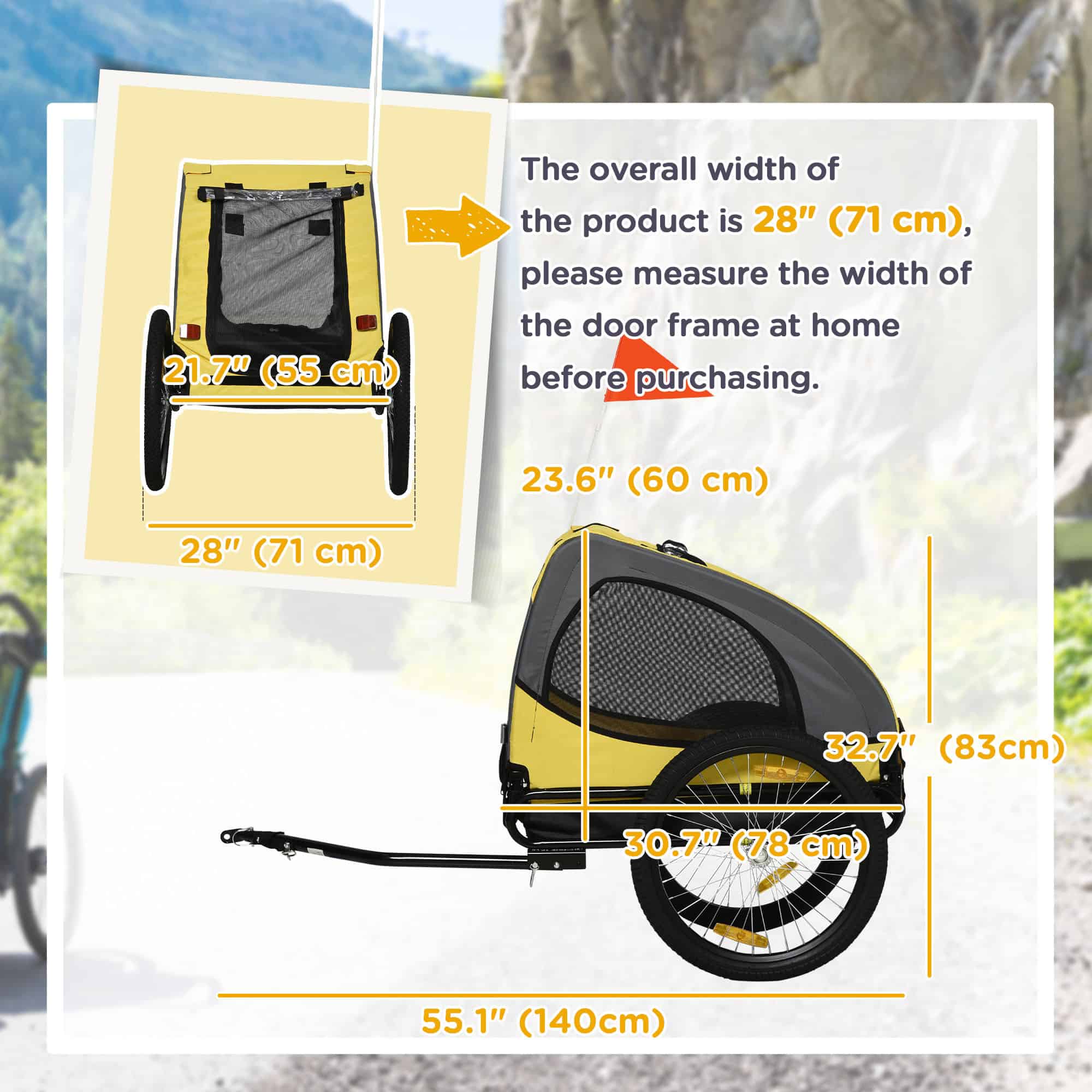 Dog Bike Trailer with Hitch Coupler, Quick Release Wheels, Reflectors, Flag for Medium Dogs, Yellow - Image 3