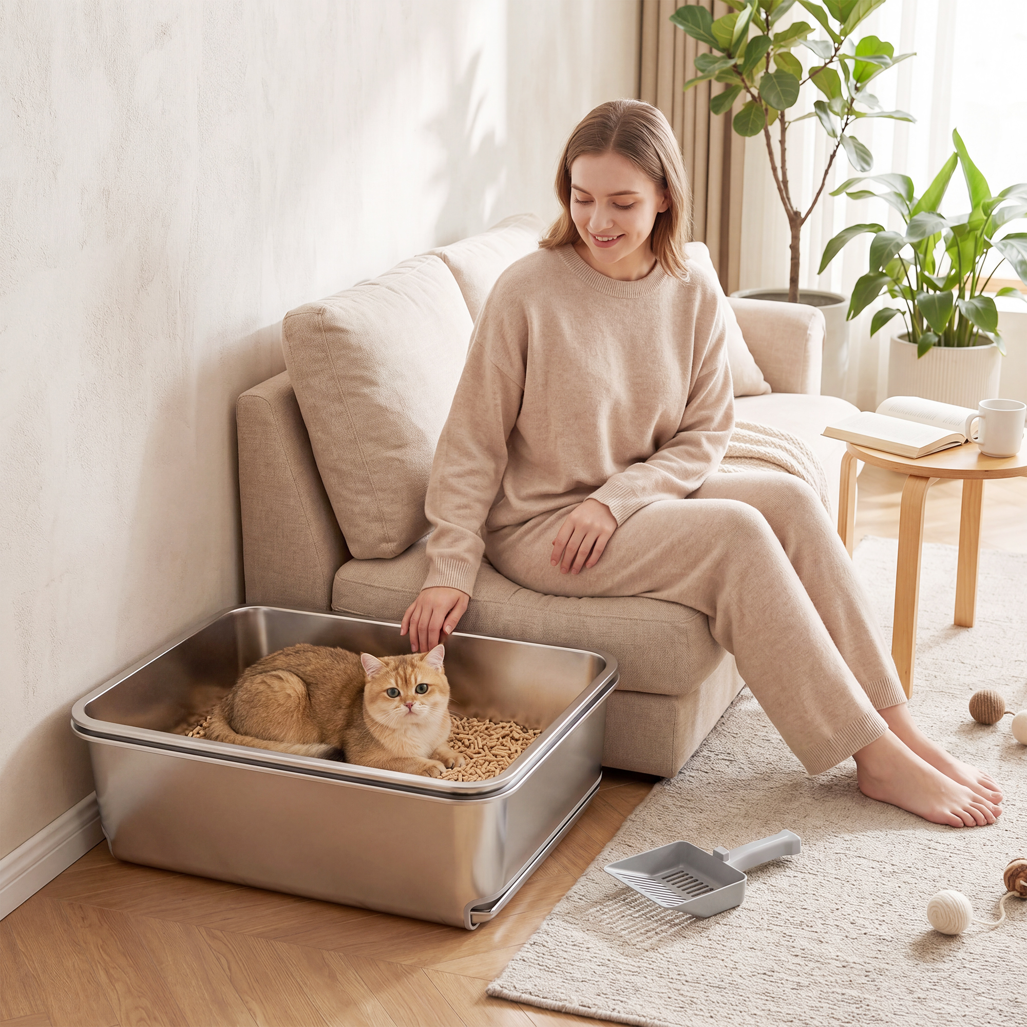 Stainless Steel Litter Box, XL Sifting Cat Litter Box for Medium and Large Cat, Non-Sticky, Odour Free, Easy Clean