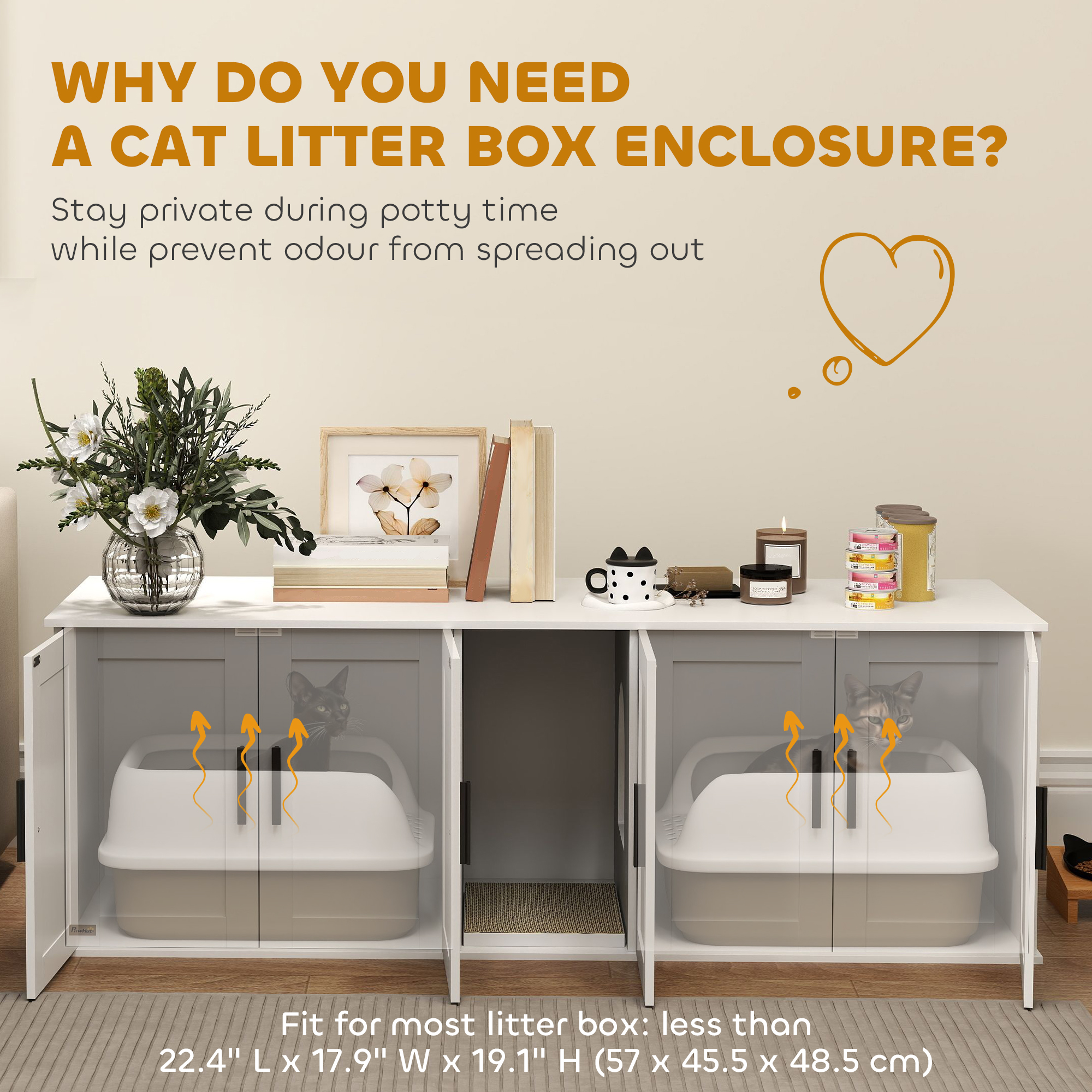 Cat Litter Box Enclosure with Double Room, Scratching Board for 2 Cats, 57" x 19" x 20", White - Image 6