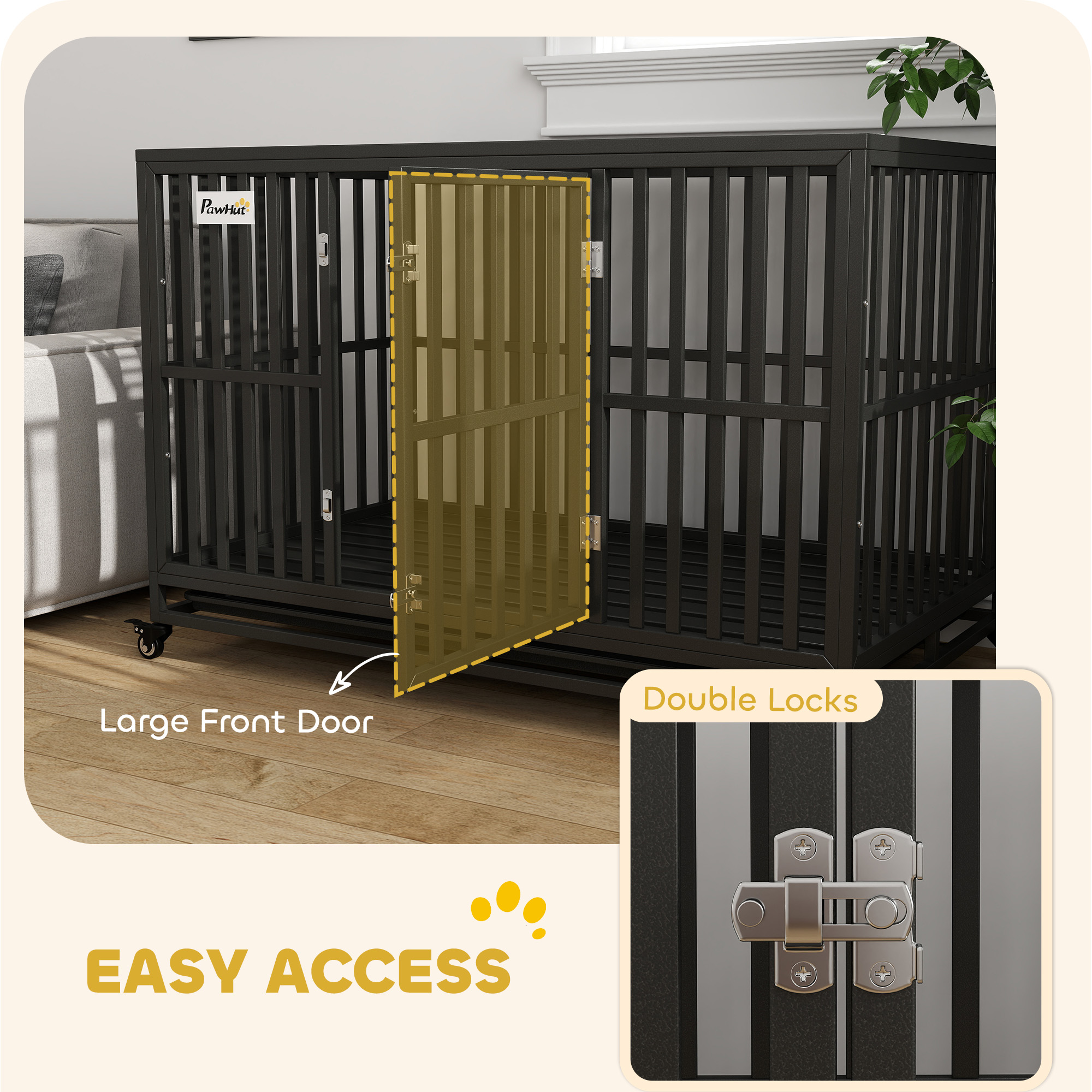 49" Heavy Duty Steel Dog Crate Kennel Pet Cage with Wheels for Convenient Access Anti-Pinching Floor, Black