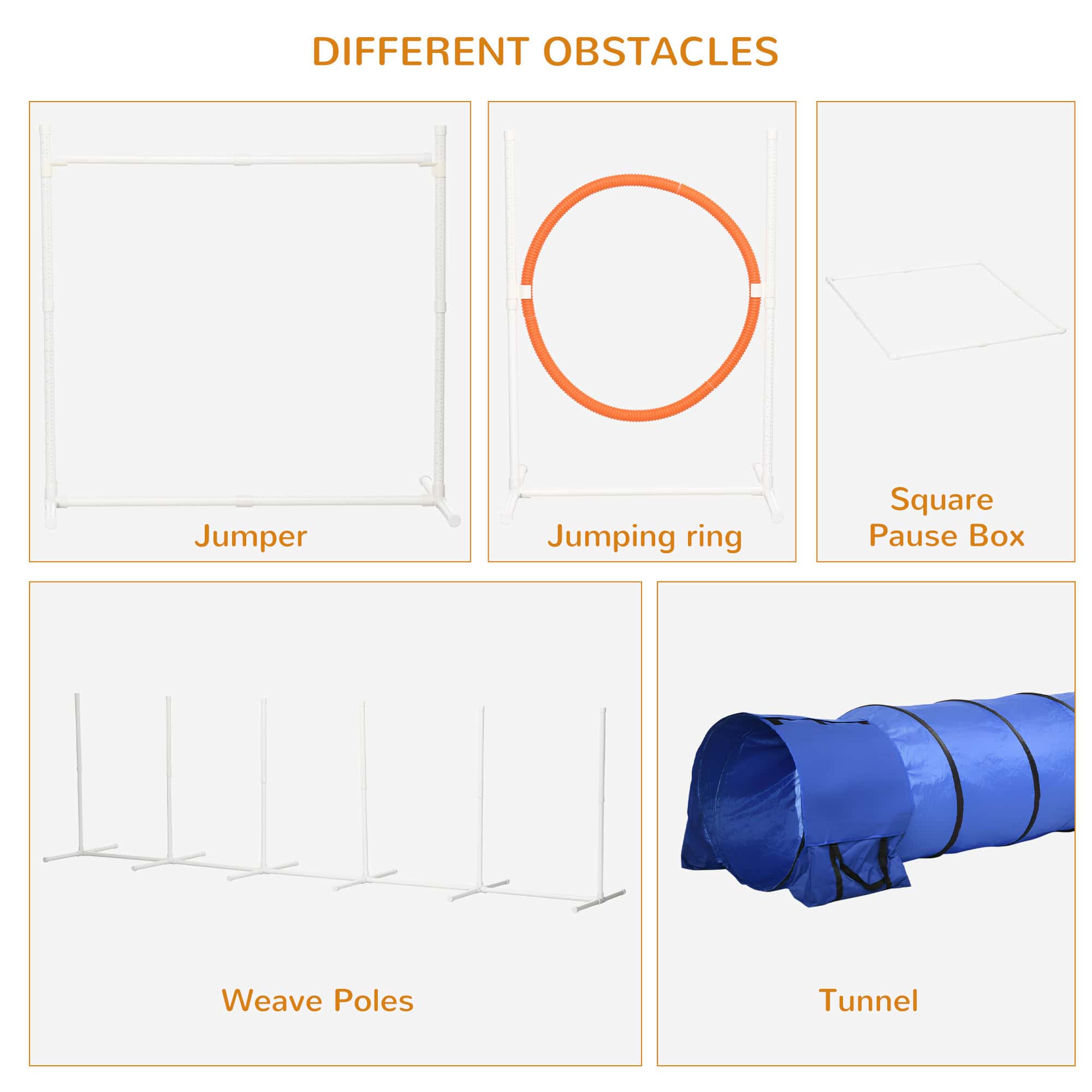 5Pcs Dog Agility Training Equipment with 8.7KG Net Weight, Pet Agility Set with Tunnels, Adjustable Jump Ring, Jumper, Weave Poles, Square Pause Box, Carrying Bag, Whistle