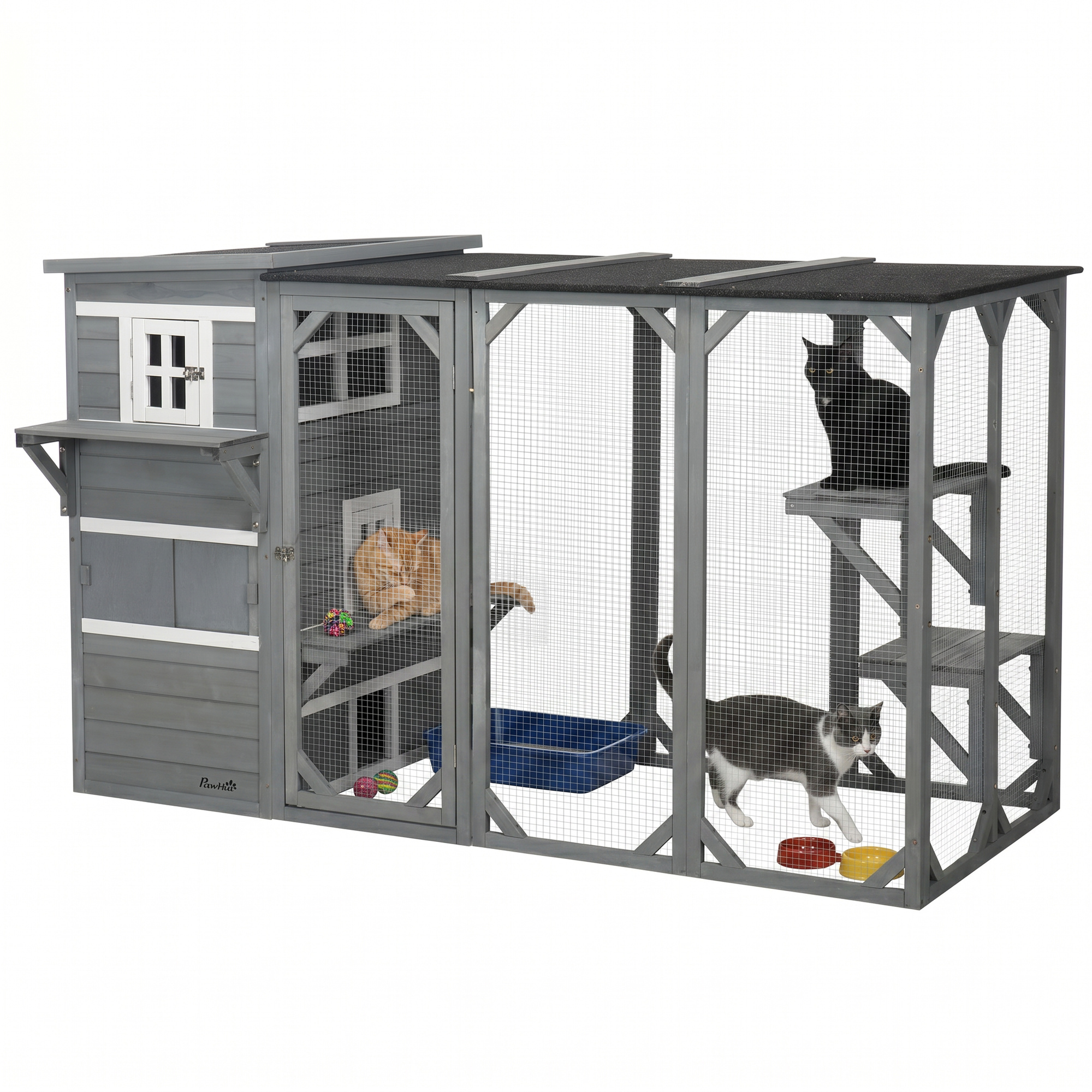 Wooden Cat Catio, 76"L Walk in Outdoor Cat House with Asphalt Roof, Platforms, Lockable Doors, 3-tier Resting Condo, Observation Window, for 2-3 Cats, Light Grey