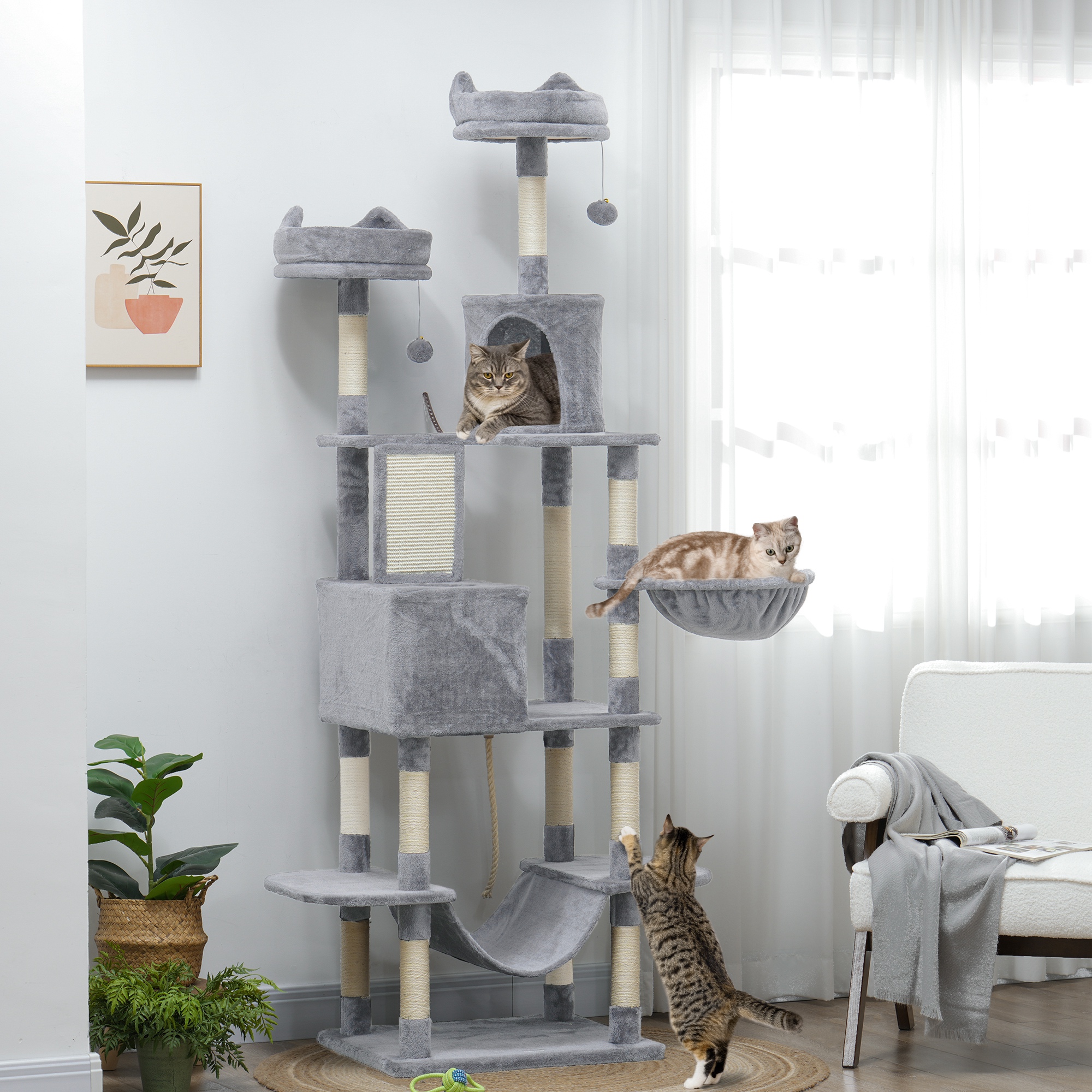 81" Large Cat Tree w/ Scratching Posts, Condos, Beds, Hammocks, Jumping Platforms, Toy Balls, Rope Cat Toy, Light Grey