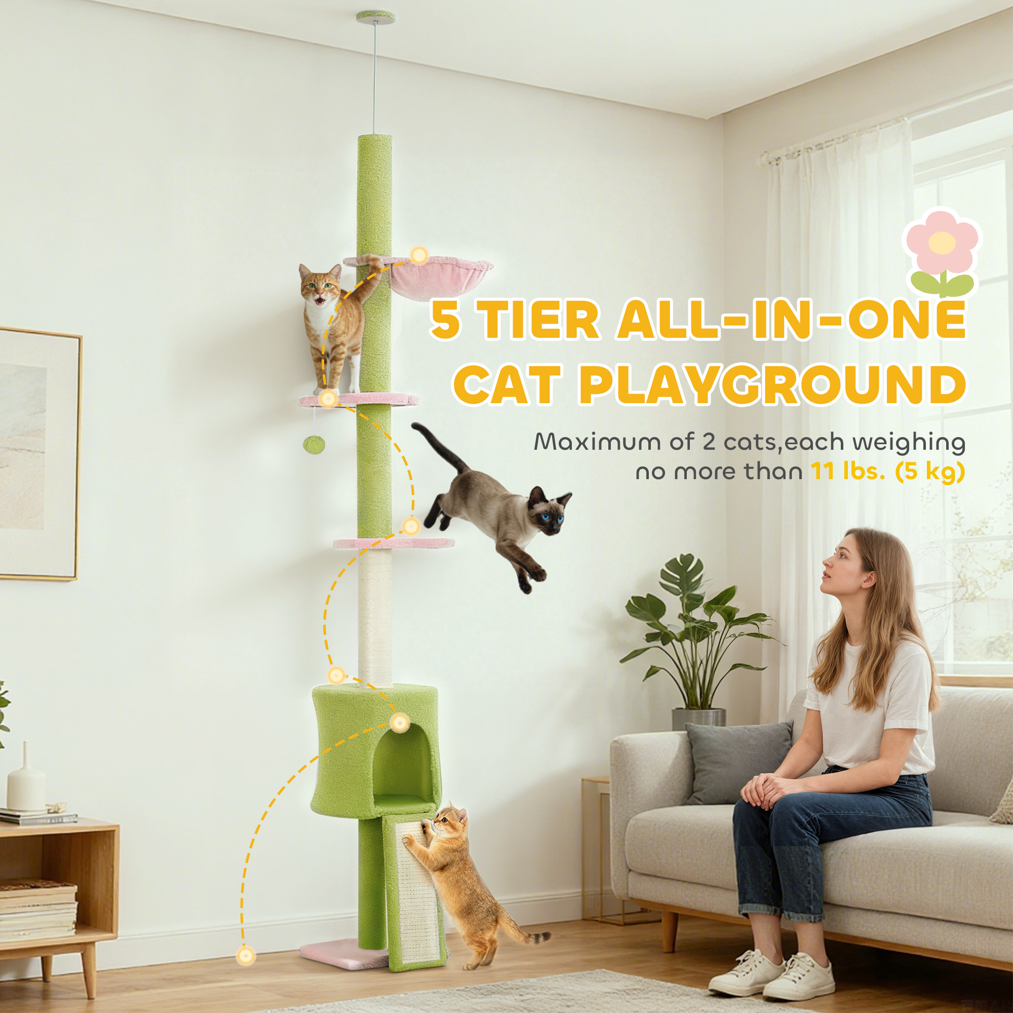 87"-94.5" Floor to Ceiling Cat Tree with Sisal Scratching Post, Condo, Hammock, Ramp, Perches, Green