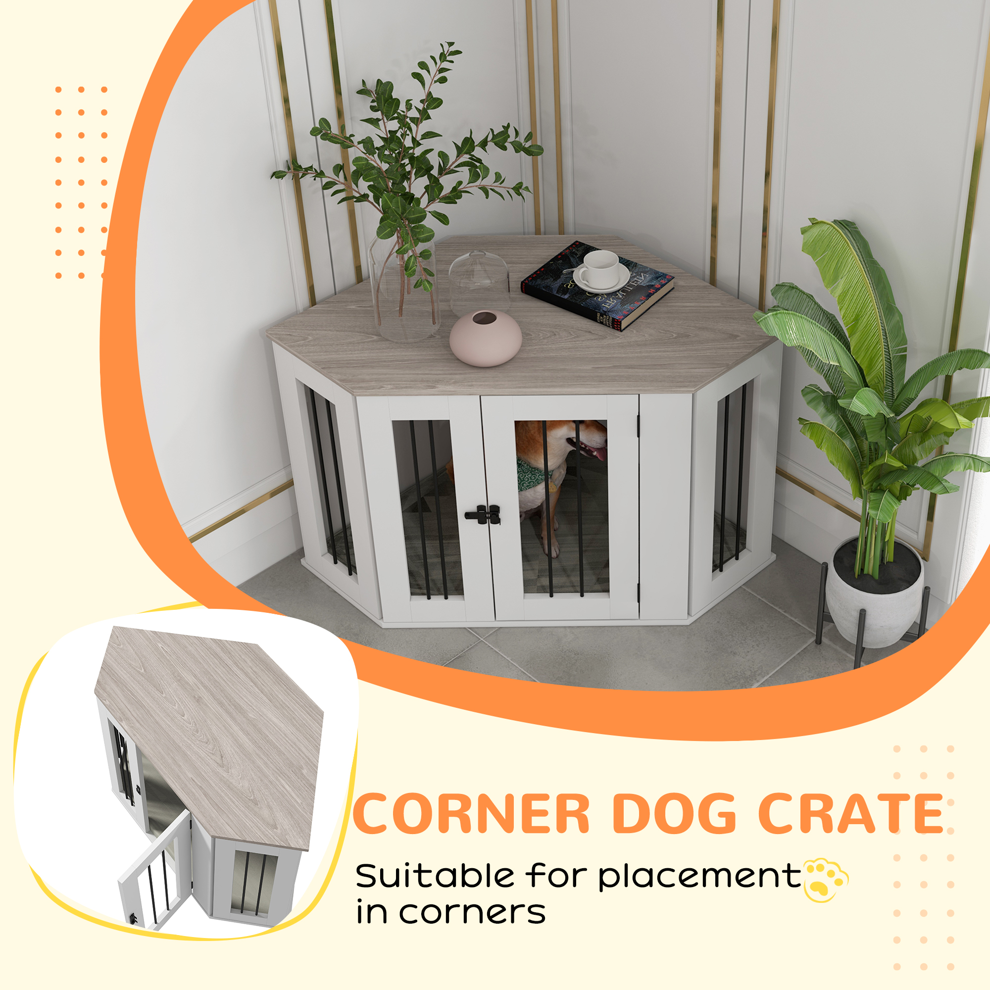 Dog Crate Furniture with Cushion, 41 Inch Corner Design Dog Crate End Table for Medium Dogs, Multi Colour - Image 5