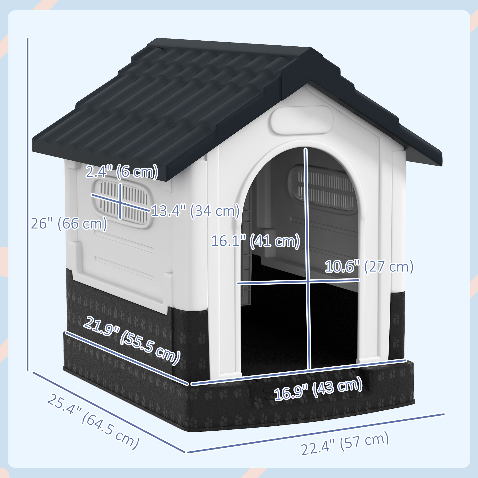 Outside Dog Kennel House with Windows, Base Support, for Garden Patio, Miniature Dogs, 64.5 x 57 x 66cm, Dark Grey