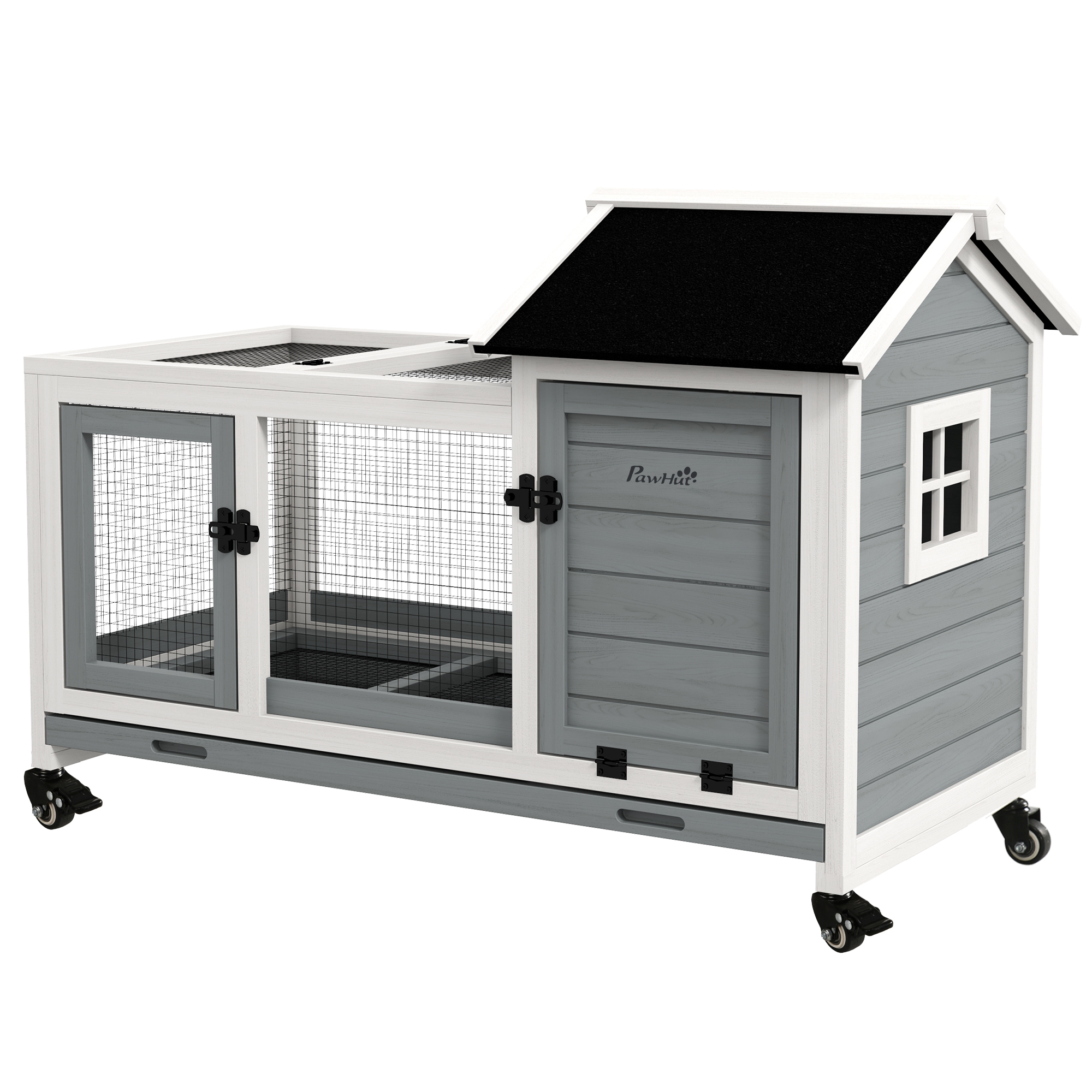 Rabbit Cage with Wheels, Ramp, Run, Tray for Indoor Outdoor, Suitable for Rabbit, Guinea Pig, Grey - Image 2