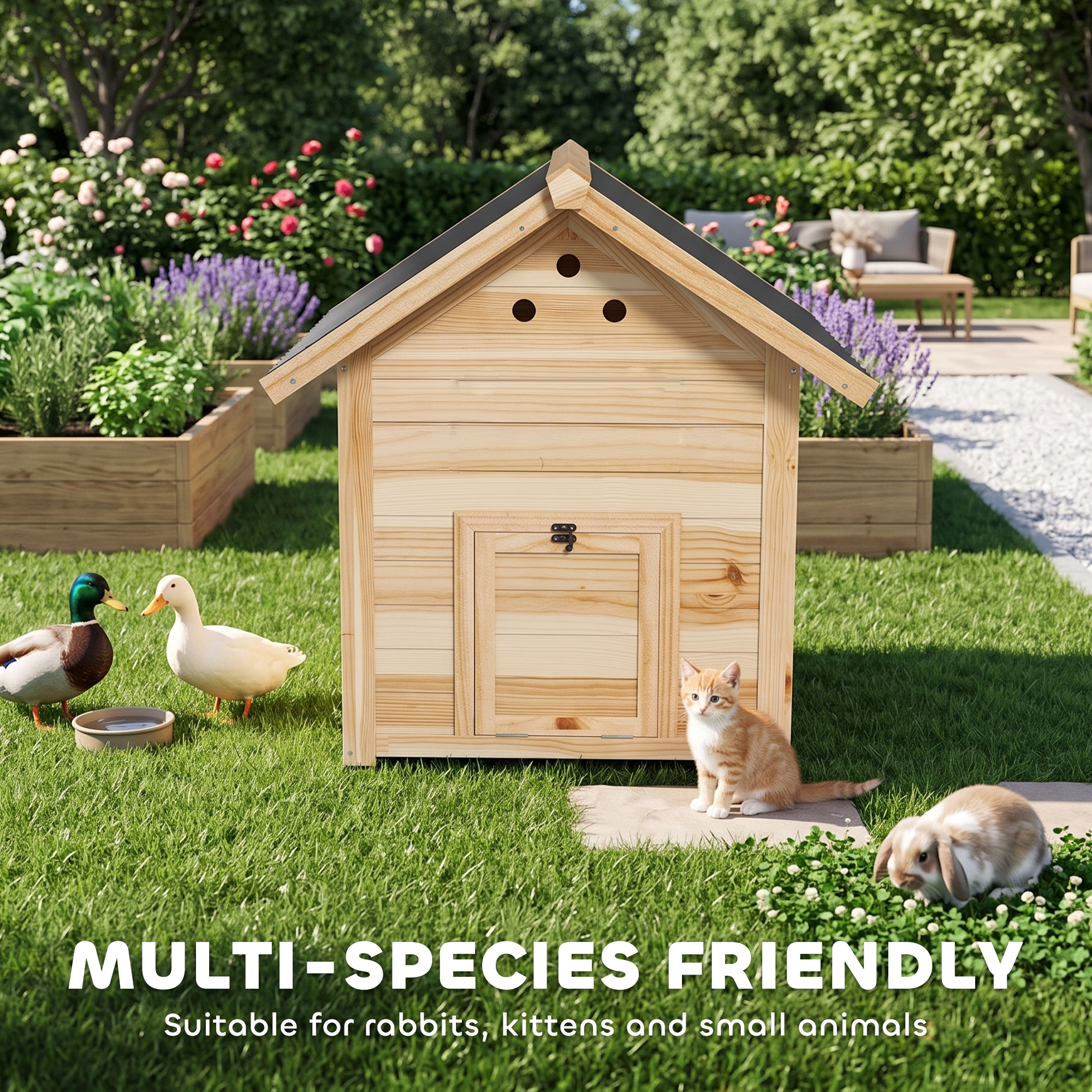 Duck Coop, Wooden Duck House with Openable Roof & Double Doors, Natural Wood - Image 6