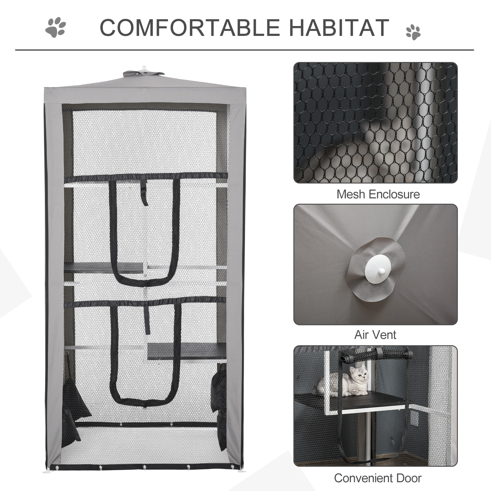 79"H Catio Outdoor Cat Enclosure, Steel Frame Cat Cage with 3 Platforms, 2 Doors and 4 Sandbags for Stability