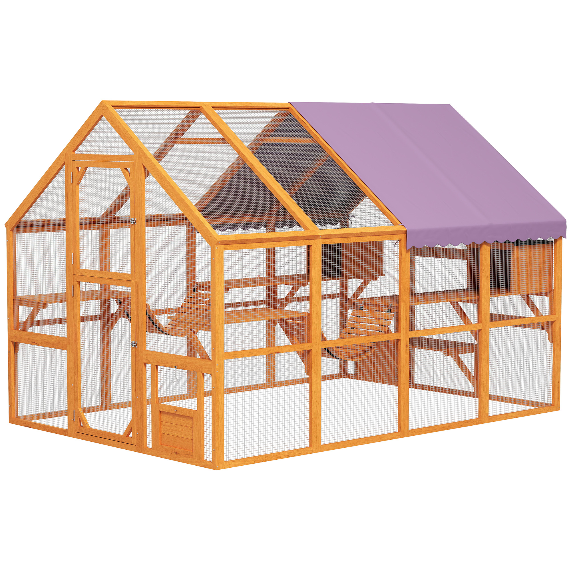 Outdoor Cat Enclosure Wooden Feral Cat House w/ Weatherproof Canopy, Bridges, Resting Boxes, Platforms, for 3-6 Cats