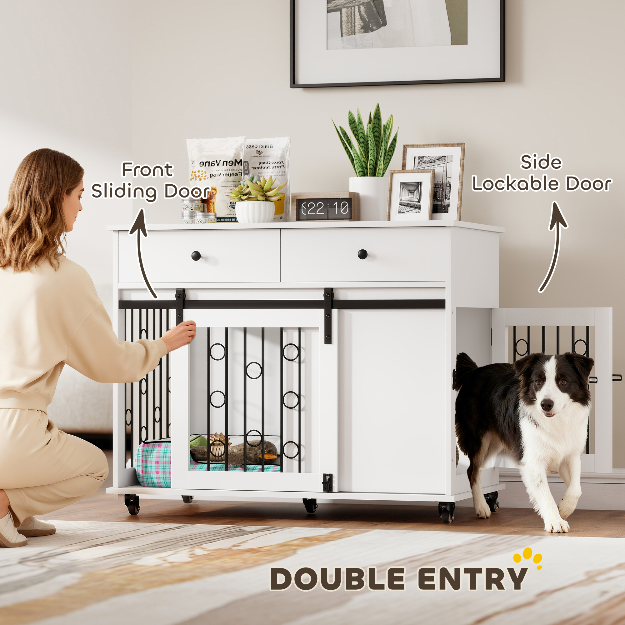 39" Dog Crate Furniture, Dog Kennel Indoor with 2 Drawers, Wheels, Sliding Door, Dog Cage for Medium Large Dogs, Oak