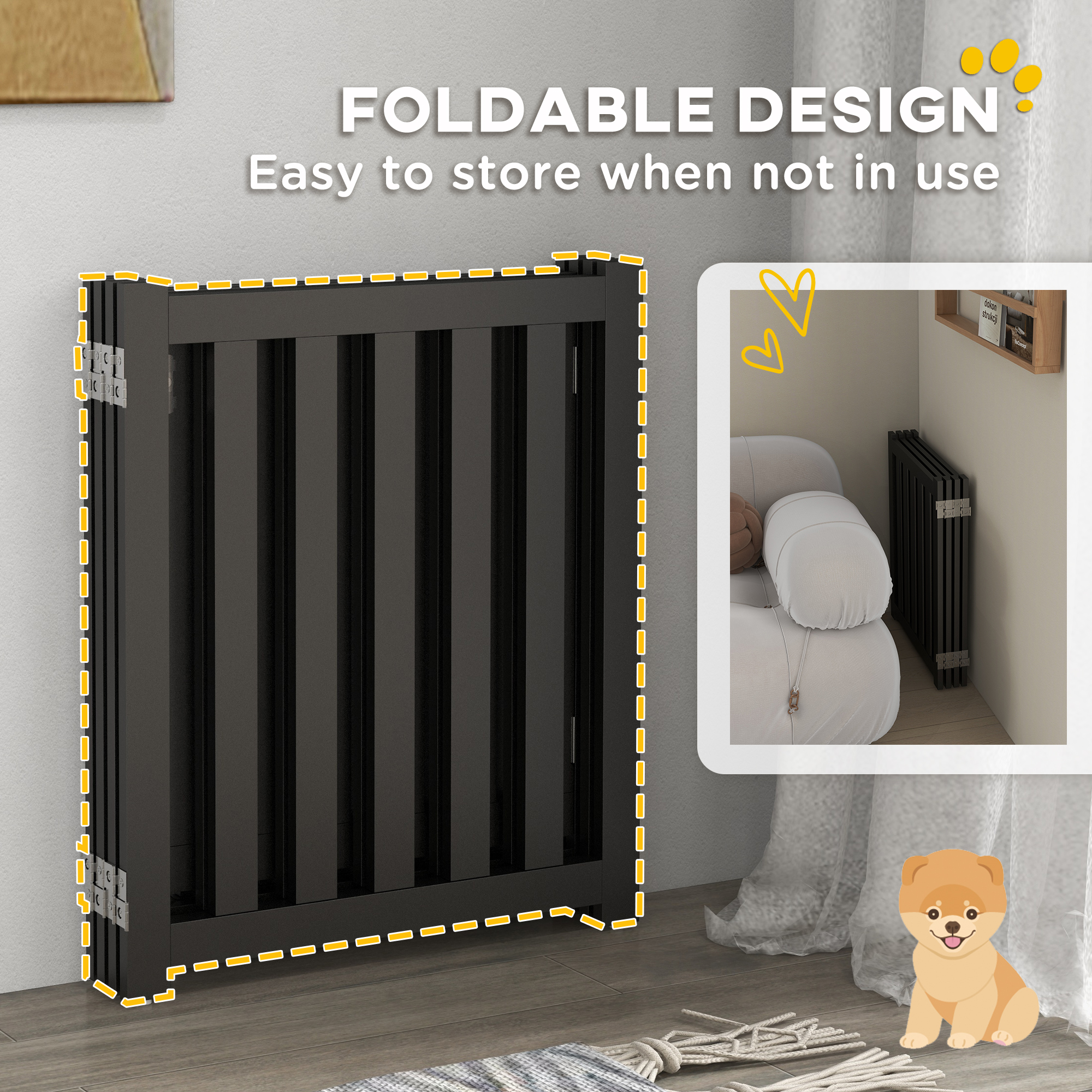 Foldable Dog Gate with Door, 4 Panels Fressstanding Pet Gate, Black