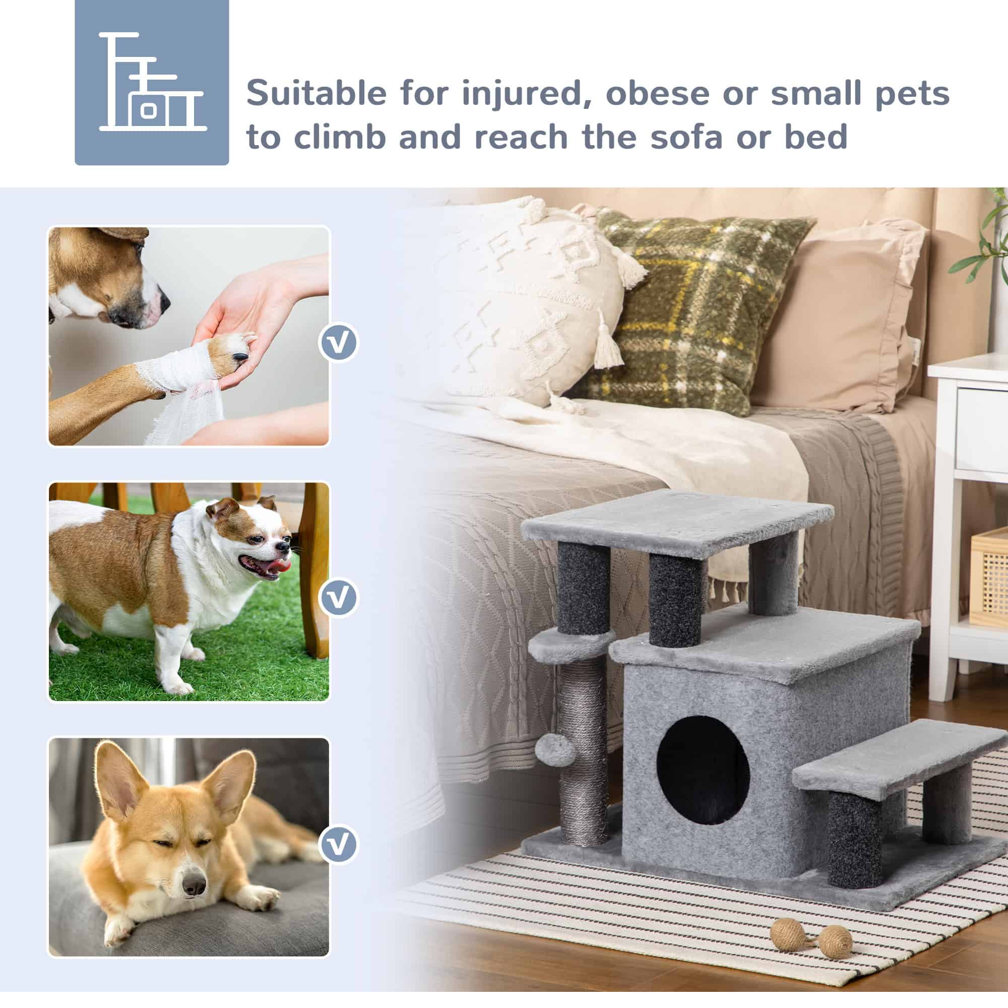 Cat Stairs Pet Steps for Couch Bed with Scratching Posts Condo Ball Toy, 23.6" x 15.7" x 26", Grey - Image 7