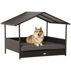 Rattan Dog House with Canopy, Wicker Dog Bed with Water-Resistant Cushion, for Small and Medium Breeds Grey