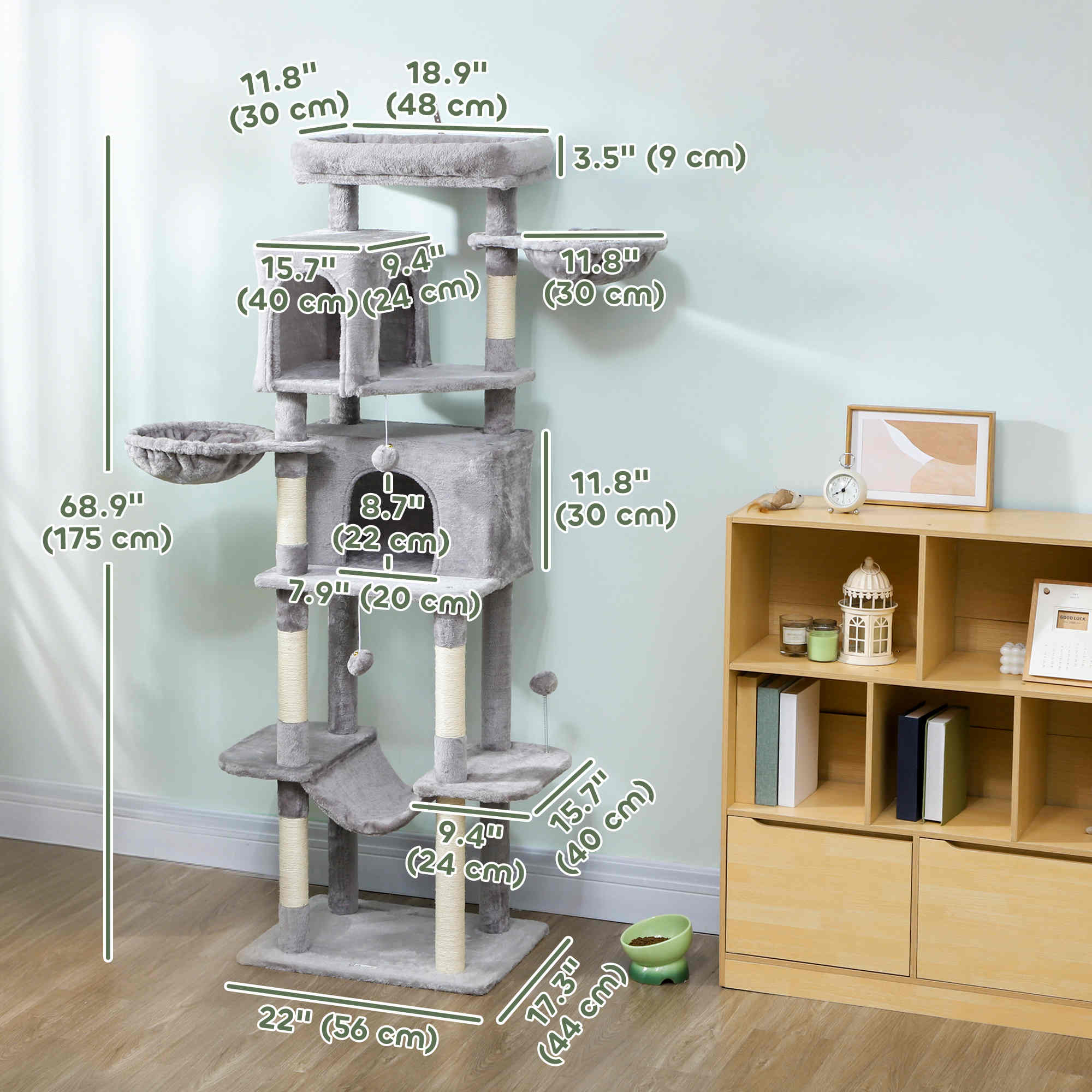 69" Cat Tree, Multi-Level Cat Tower with 2 Condos, Plush Perch and Sisal Scratching Posts, Light Grey