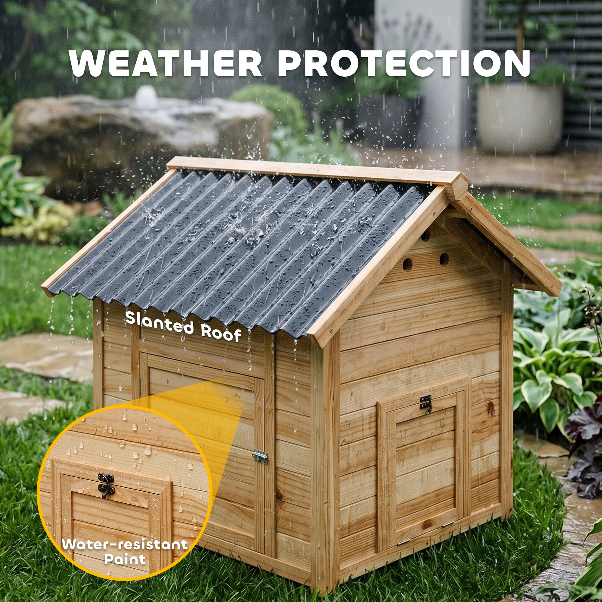 Duck Coop, Wooden Duck House with Openable Roof & Double Doors, Natural Wood - Image 7