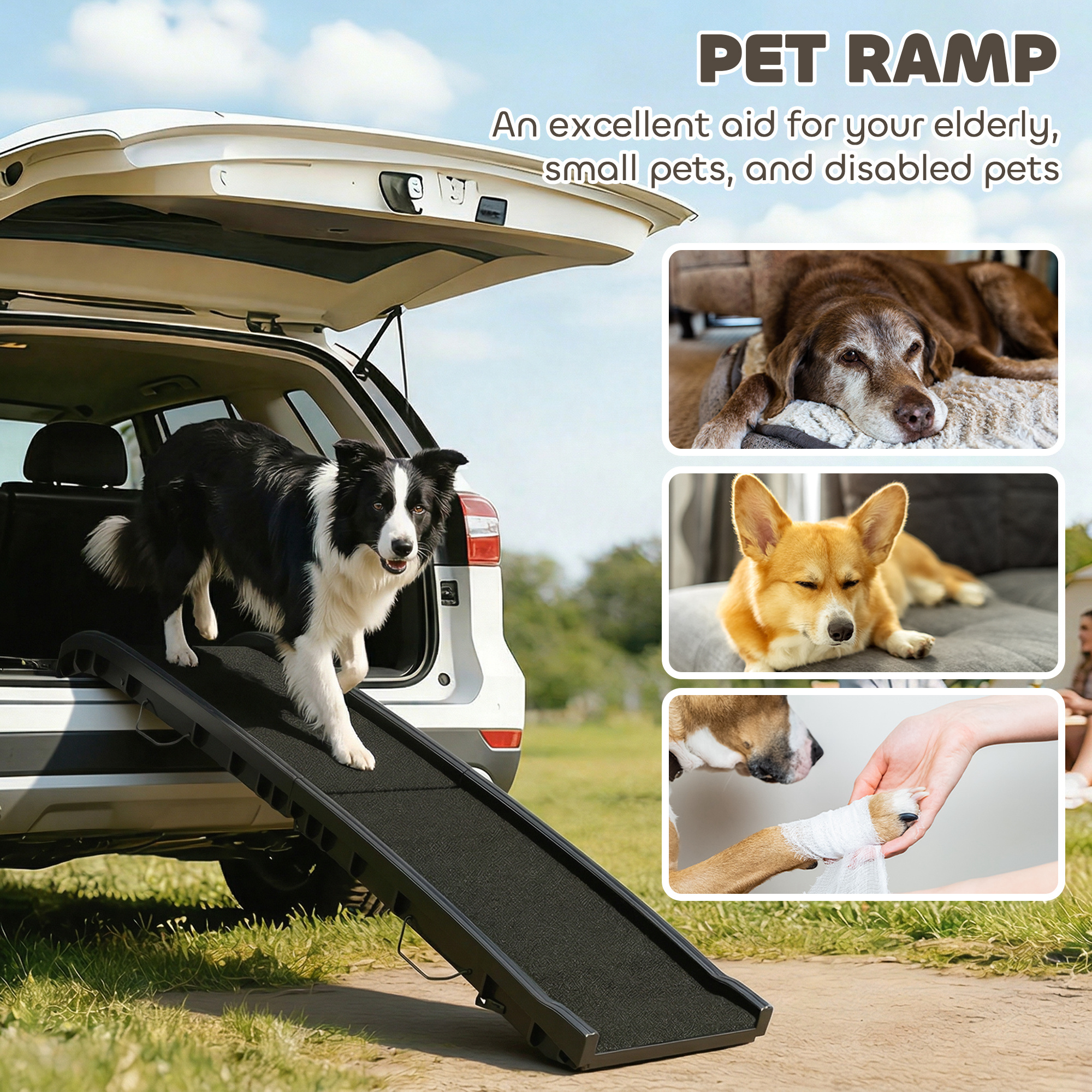 61 Inches Folding Pet Ramp with Frosted Surface, Raised Side Rails, for Cars, SUVs