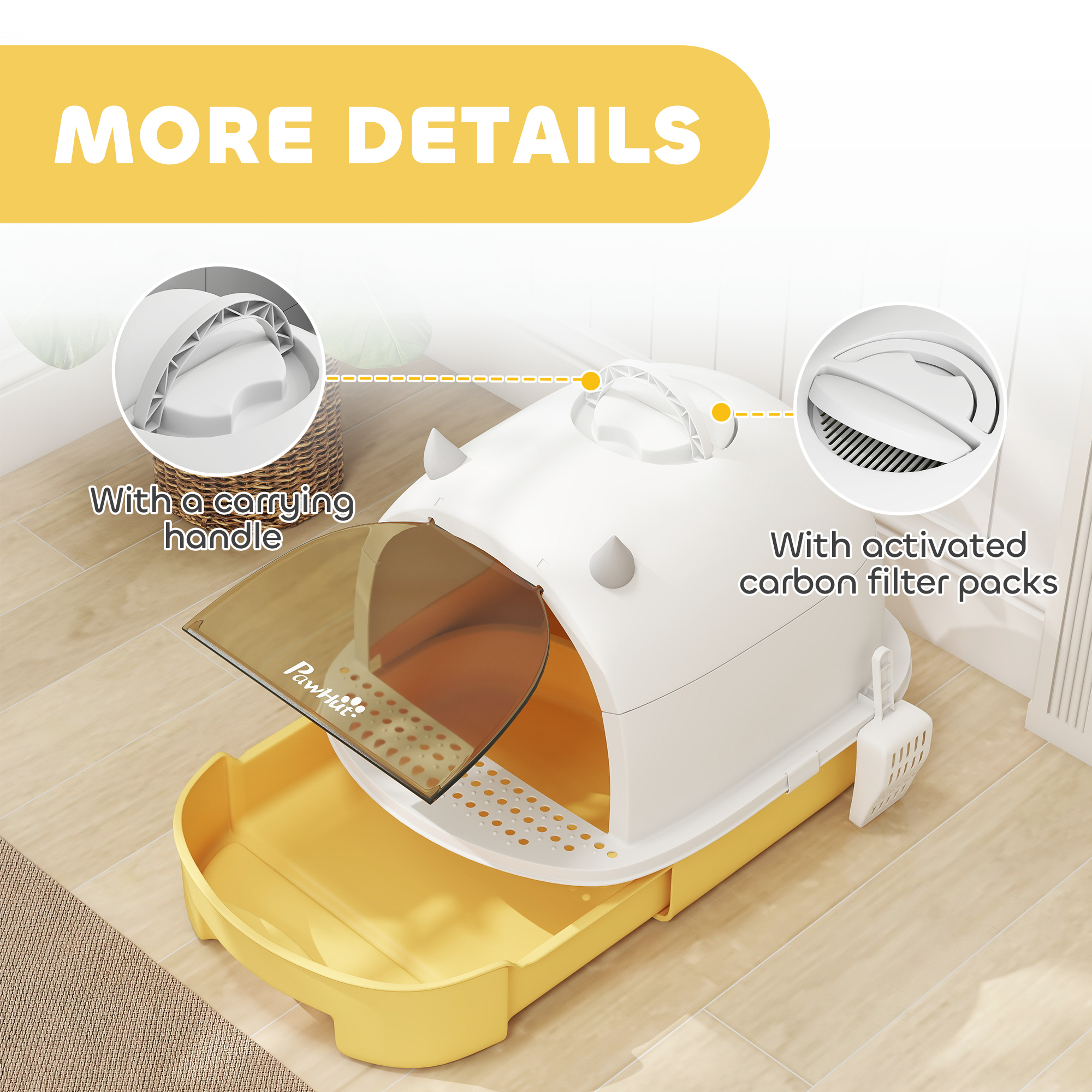 Cat Litter Box with Lid, Front Door Flap, Scoop, Handle, Easy Clean, for Small and Medium Cats, Yellow - Image 7