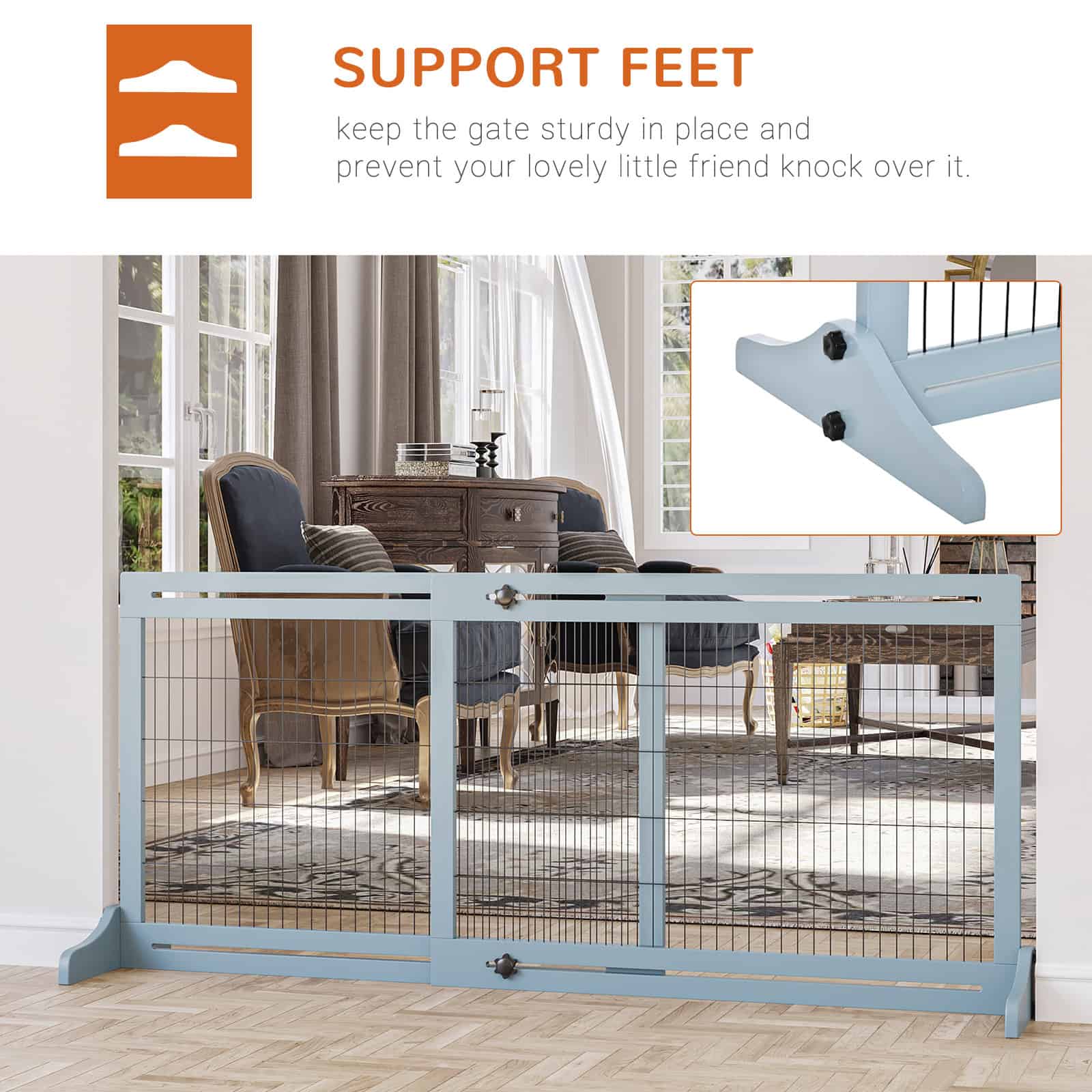 41"-71" Wooden Freestanding Pet Gate with Support Feet, for Small Medium Dogs, Grey-Blue - Image 5