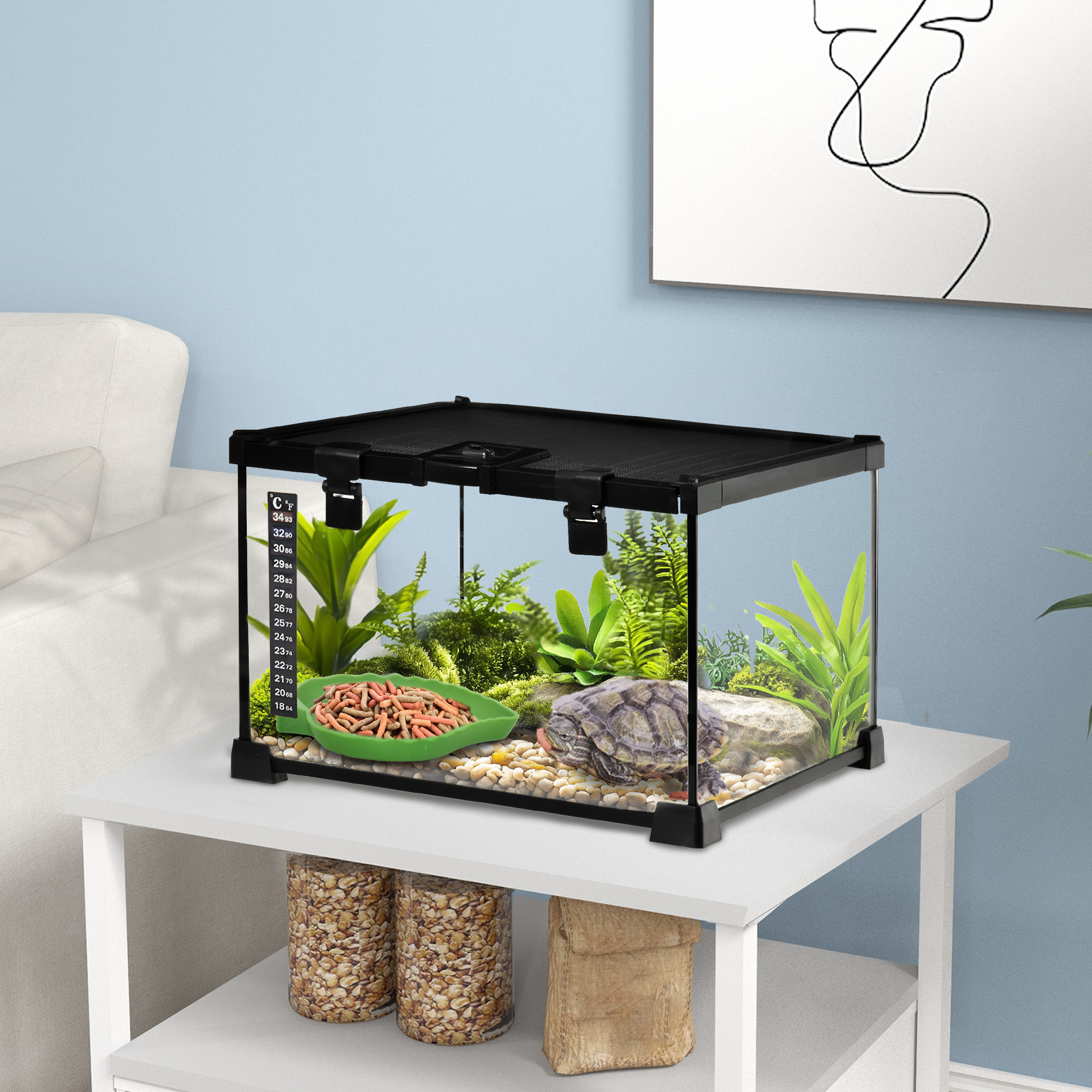 Glass Reptile Terrarium with Thermometer, Water Basin, Full View Visually for Lizards, Horned Frogs, Snakes, Spiders