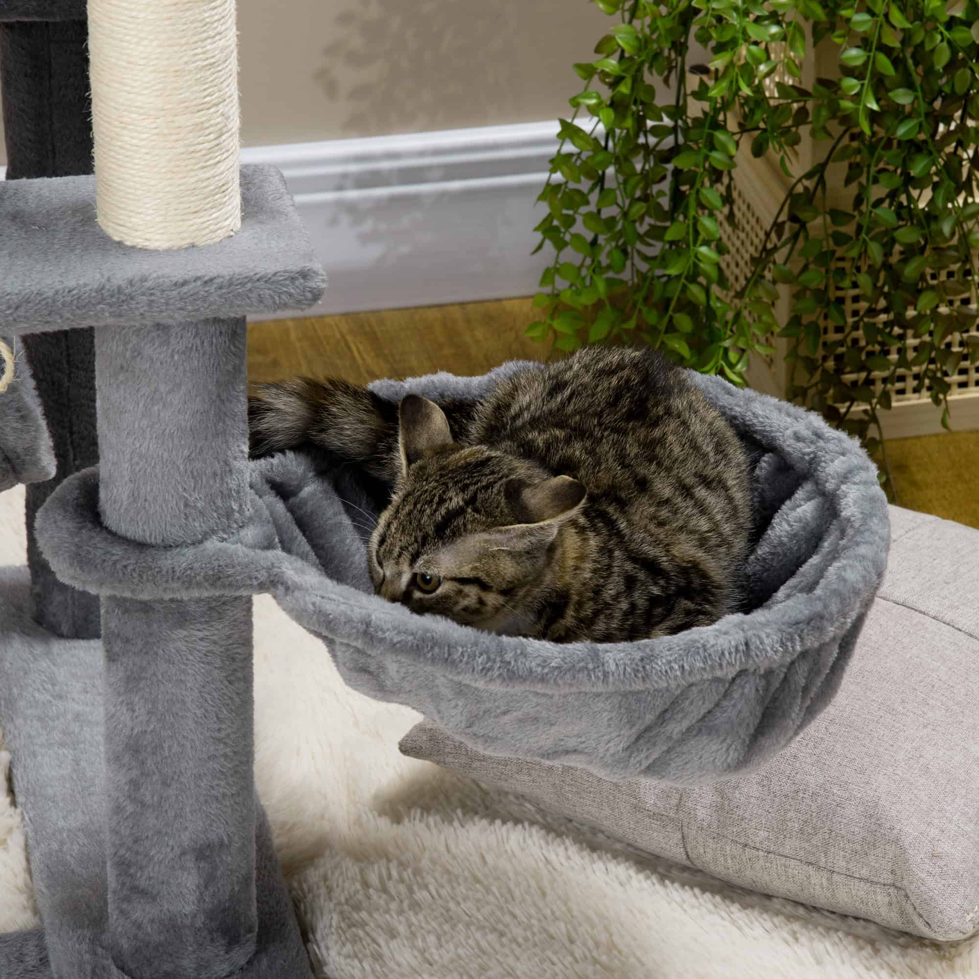 55" Cat Tree for Indoor Cats, Cat Tower, Kitty Activity Center with Cat Bed Ramp Condo Hammocks Hanging Ball Toys Sisal Rope Scratching Post, Grey