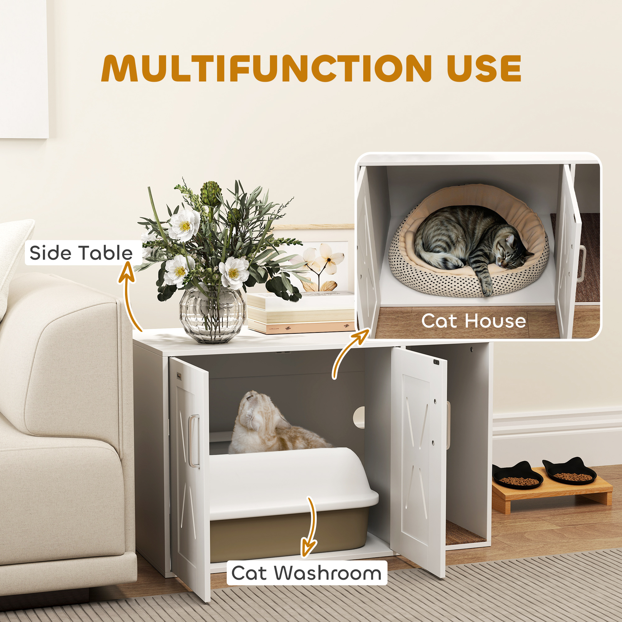 Cat Litter Box Enclosure, Hidden Cat Litter Box Furniture with Scratching Board, 31.5" x 19" x 20", White