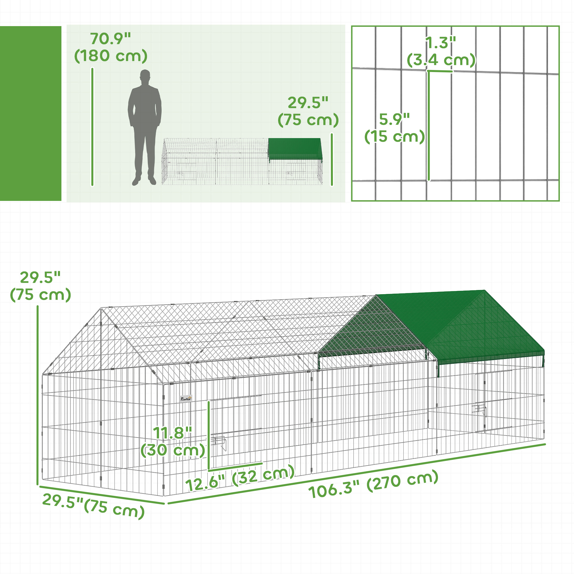 Metal Chicken Coop with UV-Resistant Cover for Rabbits, Ducks, Turtles, Guinea Pigs, 106" x 29.5" x 29.5", Green