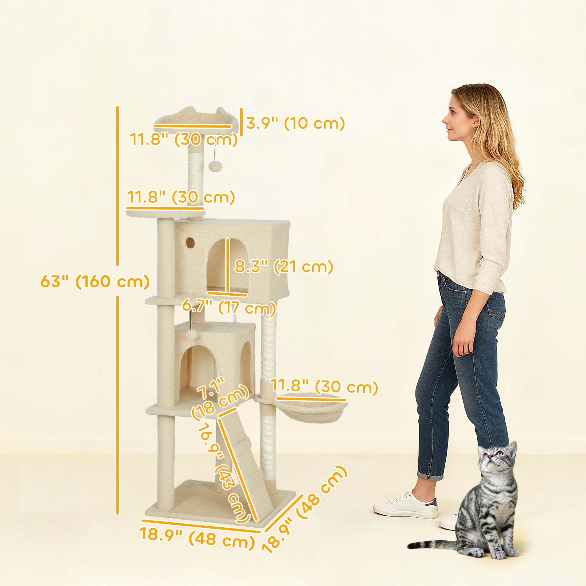 63 Inch Cat Tree with Sisal Scratching Posts, Condos, Plush Perches, Hammock, Ladder, Dangling Balls, Beige