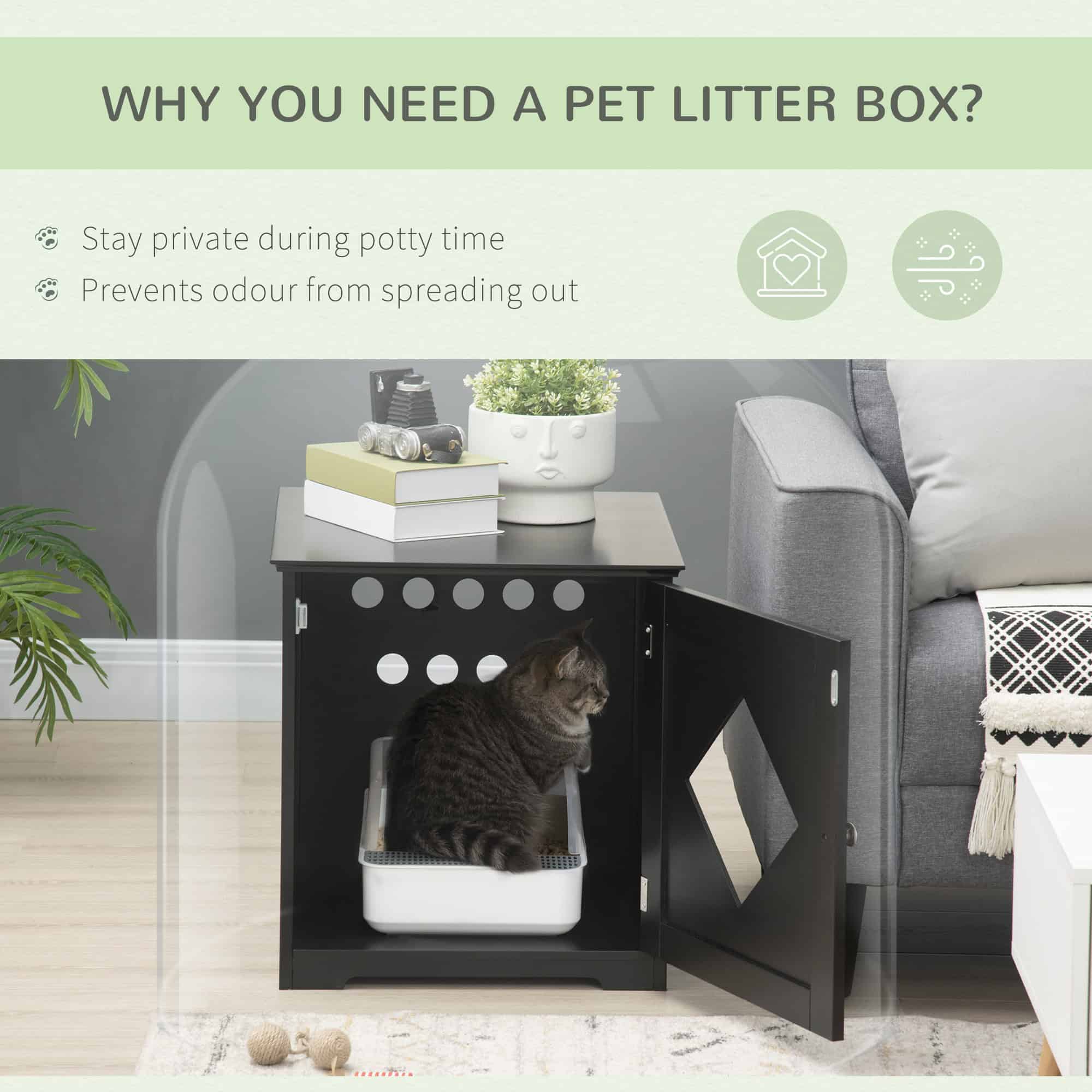 Cat Litter Box Enclosure End Table, Indoor Cat Washroom with Magnetic Door, Hidden Litter Box Nightstand with Large Tabletop, Easy Assembly, Black