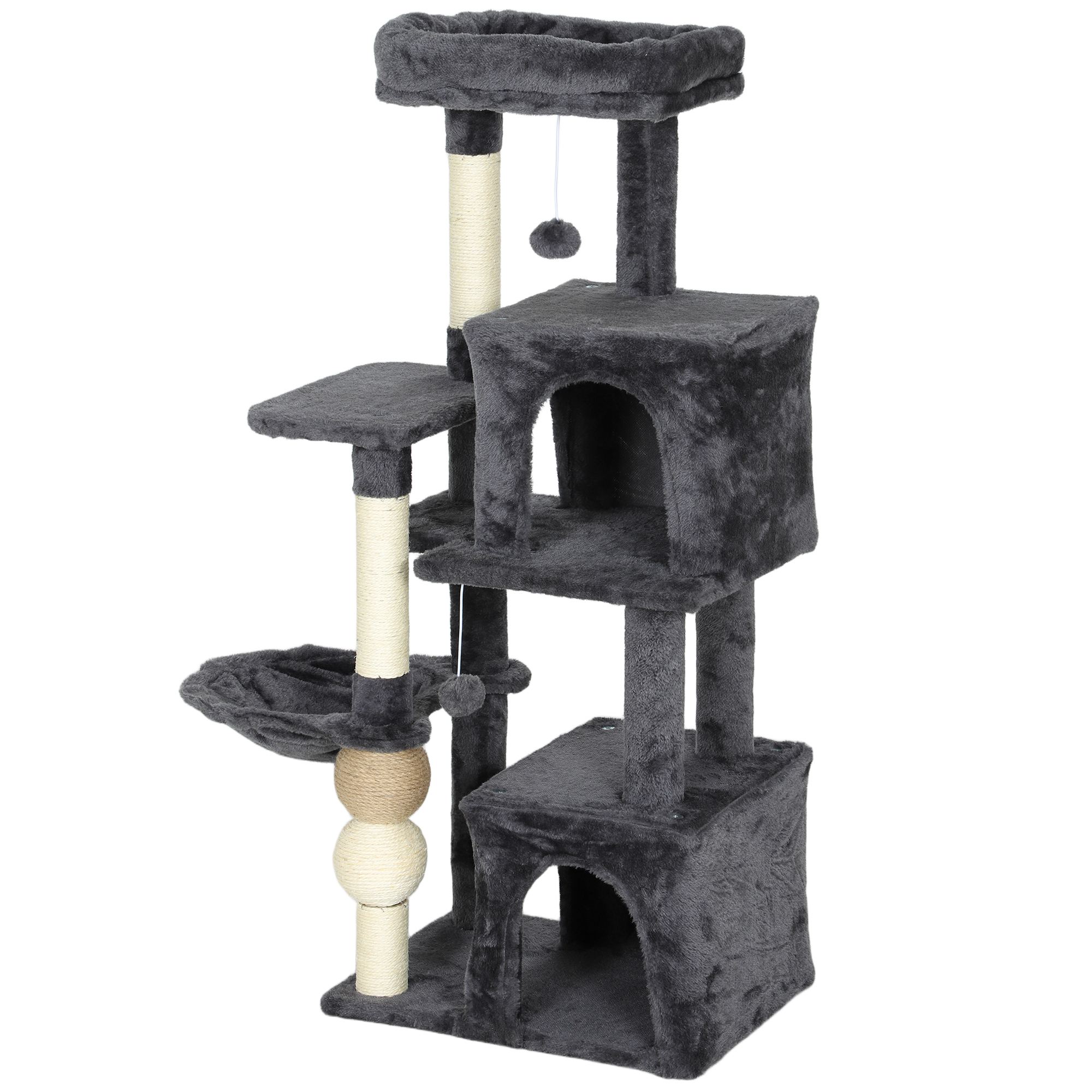 Cat Tower, 42" Multi-Level Cat Tree with Padded Plush Perch, Hammock, 2 Door Condos, Scratching Posts, Toy Balls