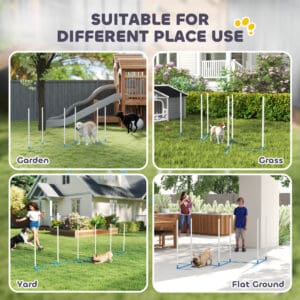 Adjustable Dog Agility Training Obstacle Set with Weaves Poles and Storage Bag for Pet Dogs Outdoor Games Exercise Blue and White