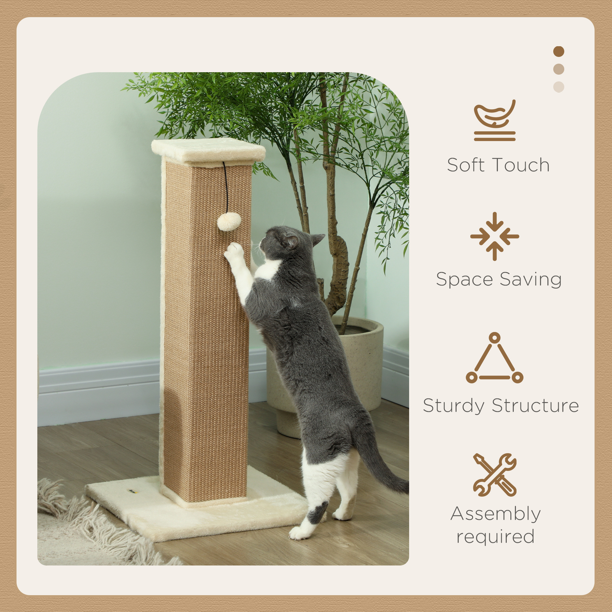32" Tall Cat Scratching Post for Indoor Cats and Kittens, Sisal Cat Scratcher with Hanging Ball Soft Plush, Beige
