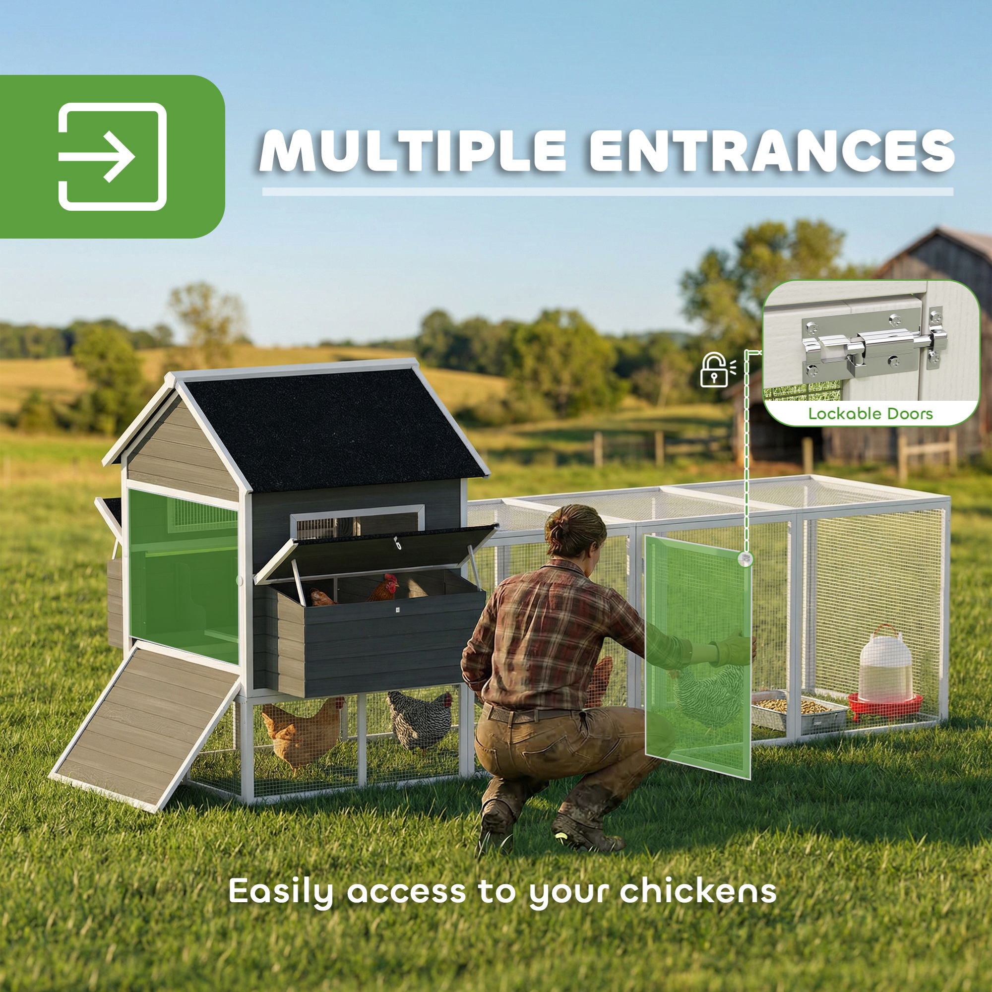 137" Wooden Chicken Coop with Chicken Run, Nesting Box, Dark Grey - Image 5