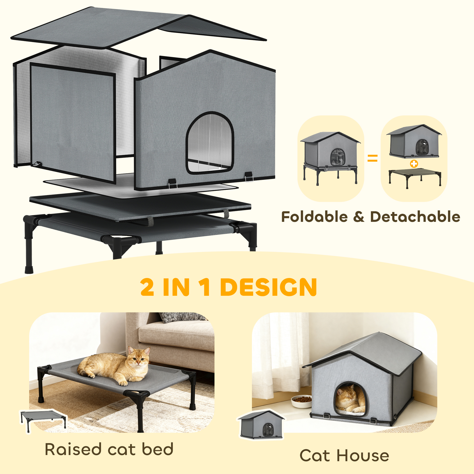 Outdoor Cat House, Waterproof Insulated Cat Kennel with Elevated Base, Foldable Feral Kitty Shelter for Kittens, Grey