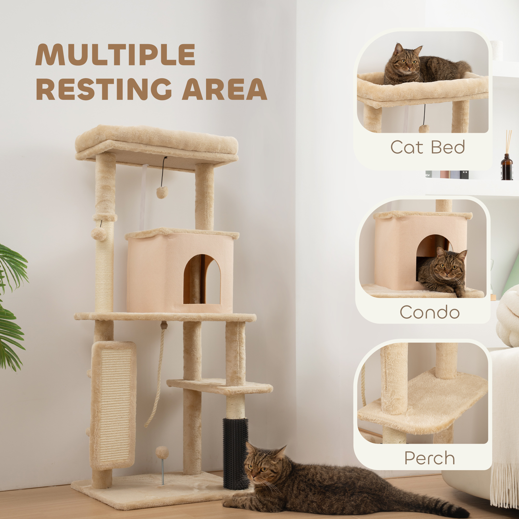 52 Inch Cat Tree with Scratching Posts, Cat Bed, Condo, Grooming Brush, Jumping Platforms, Toy Balls, Anti-tip Kit