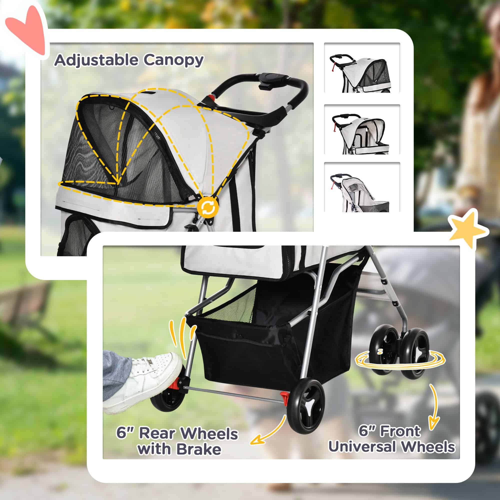 Cat Dog Stroller, One-click Foldable Pet Stroller w/Cup Holder, 4 Wheels Travel Carrier w/Brakes, 360° Swiveling Front Wheels, Storage Basket, for XS/Small Dogs Cats, Grey