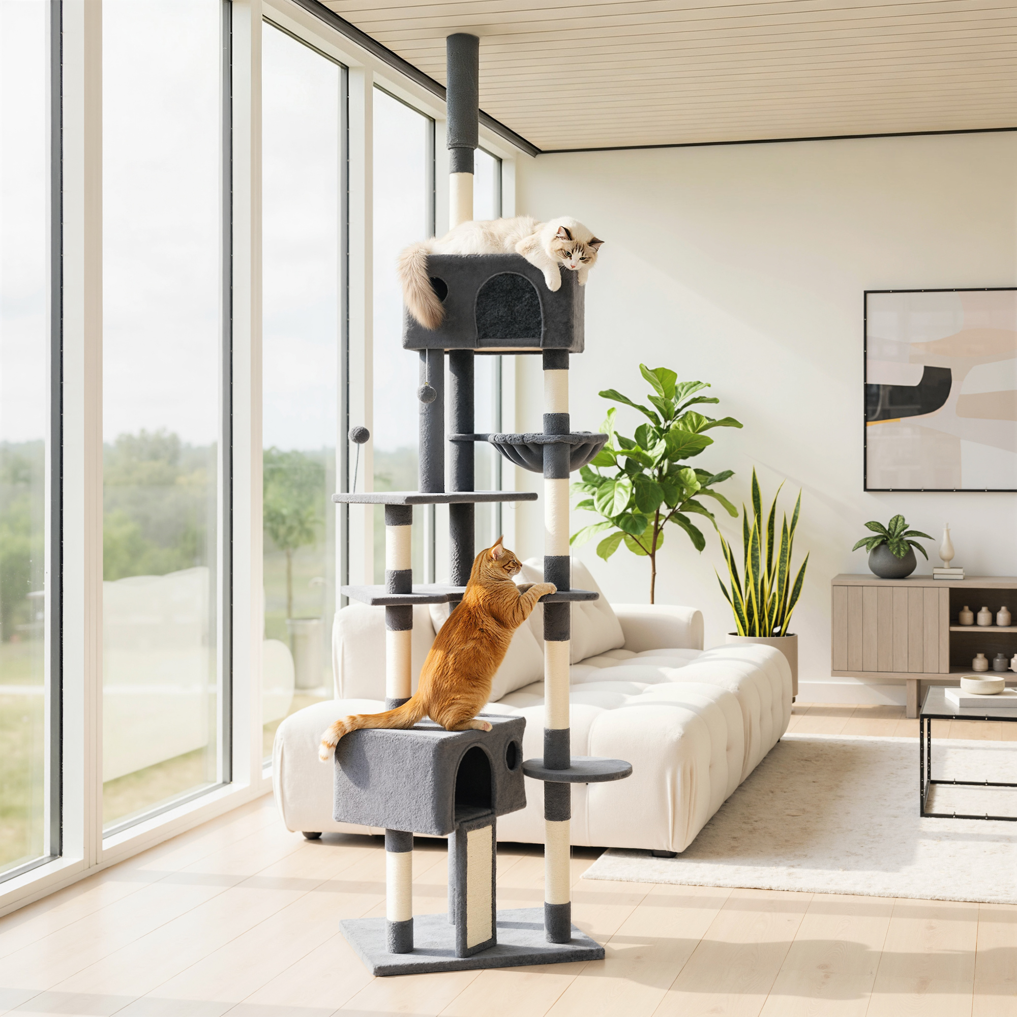 91"-98" Floor to Ceiling Cat Tree with 2 Condos, Hammock and Sisal Scratching Posts, for Indoor, Dark Grey