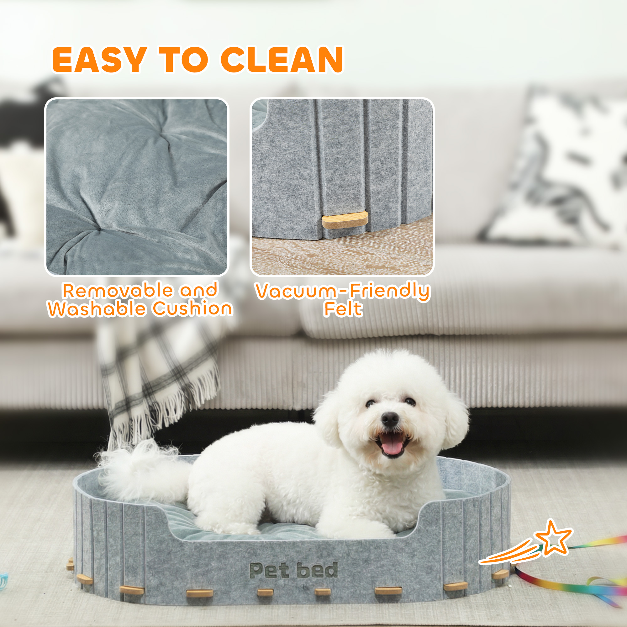 Dog Bed, Cat Bed with Washable Removable Cushion, Scratch-Resistant, Felt Cat Couch Sofa for Small Medium Dogs, Grey