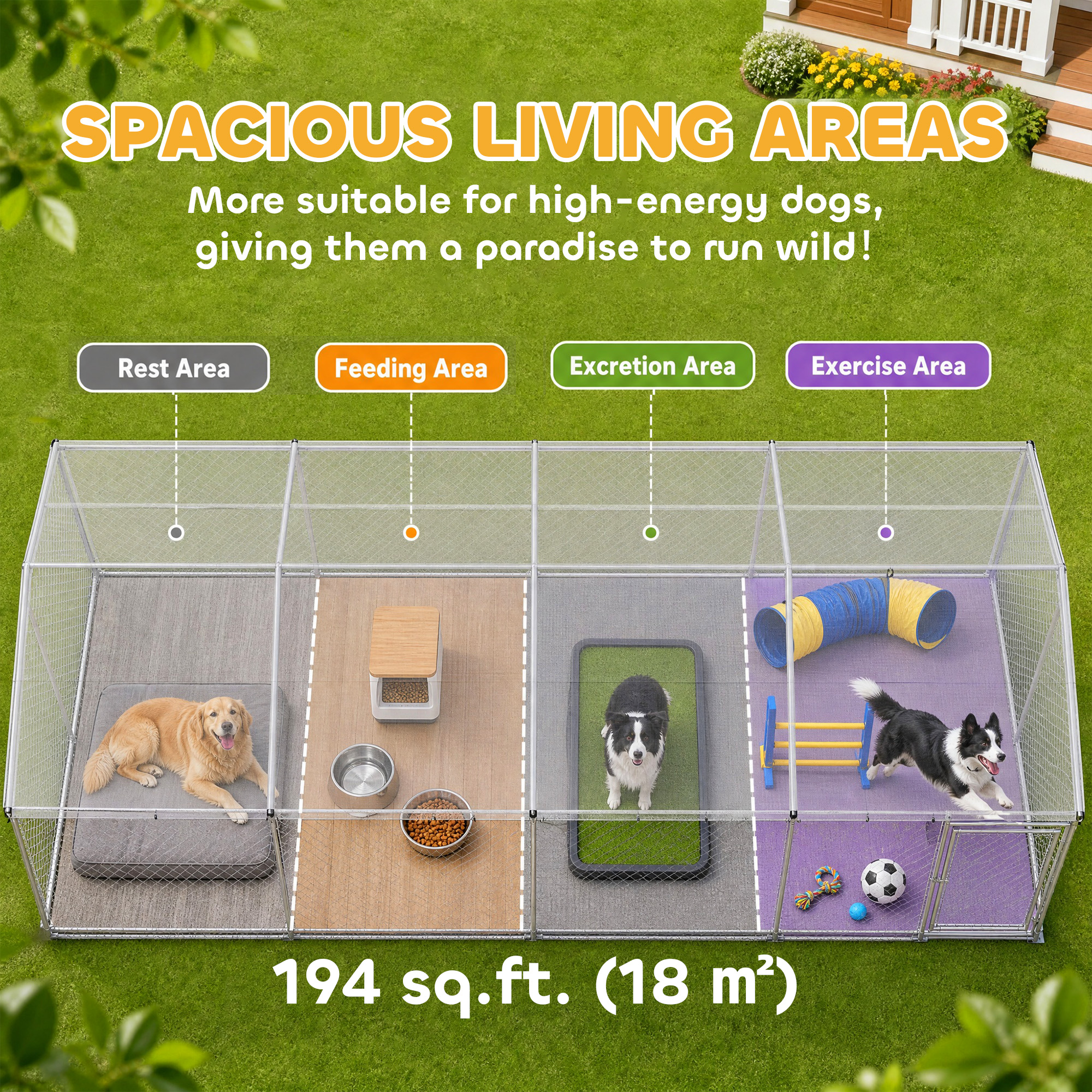 Galvanized Steel Outdoor Dog Kennel with Roof, Safety Locks, for Backyard, 19.7' x 9.8' x 7.1'