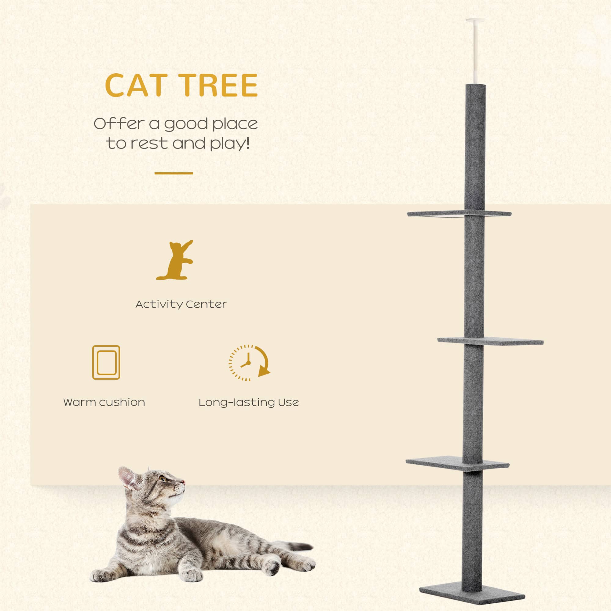 100" Floor To Ceiling Cat Tree w/ 3 Perches Activity Center for Kittens Cat Tower Furniture, Grey - Image 4