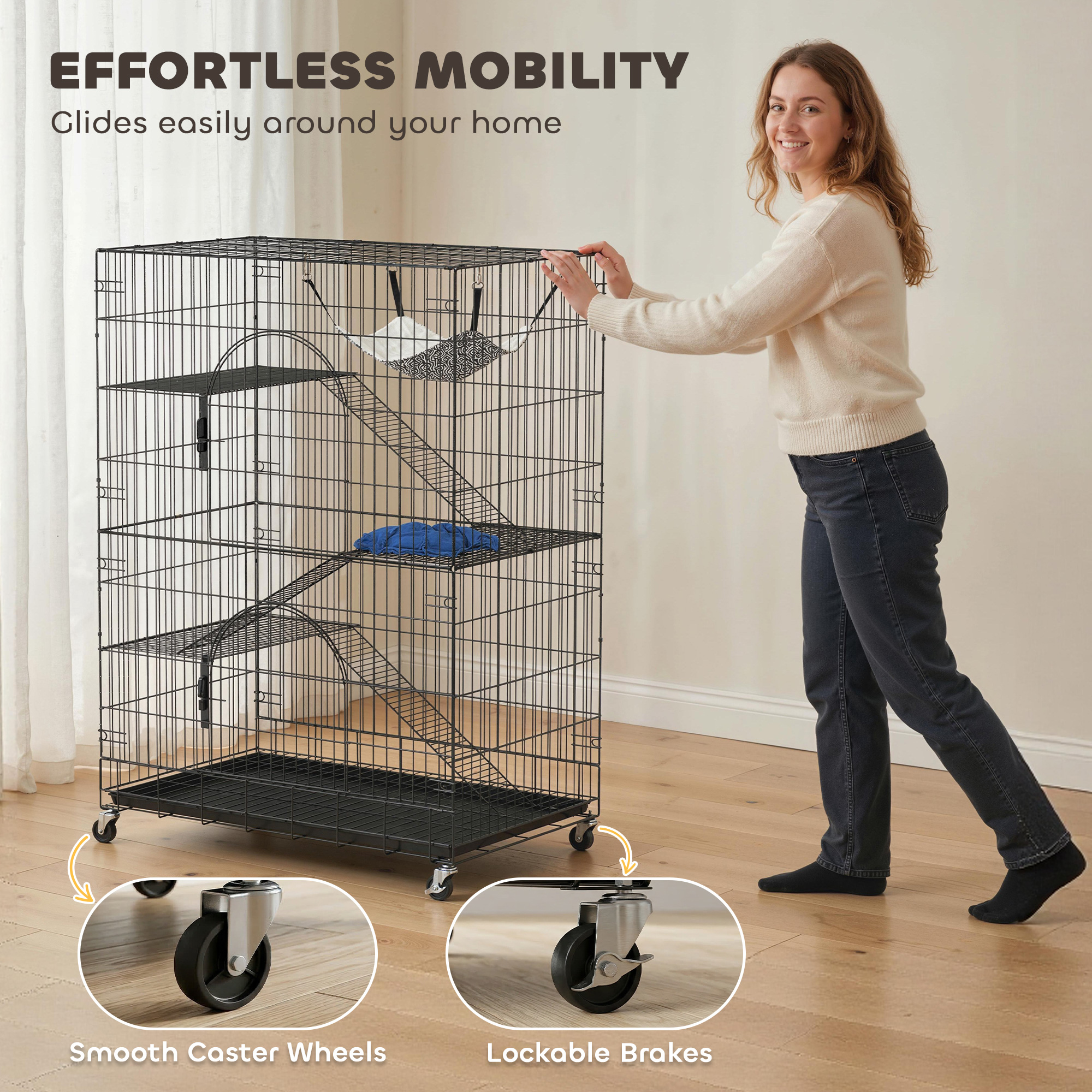4-Tier Cat Cage, Large Cat Enclosure with Lockable Wheels, Tray, Hammock, Bed, 3 Ramp, 3 Platforms for 3-5 Kittens