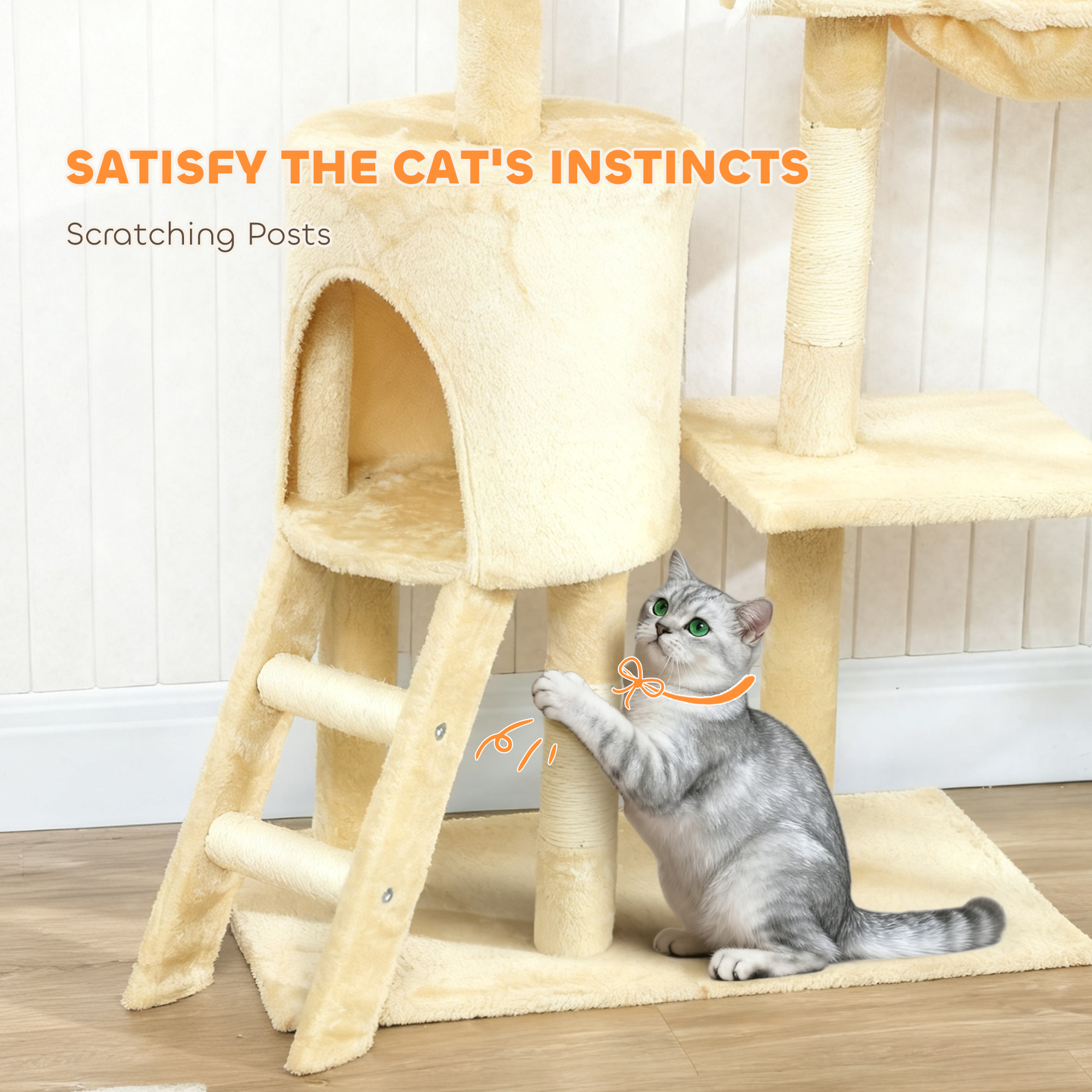 53" Cat Tree Tower, Kitten Activity Centre with Scratching Posts, Condo, Perches, Ladder, Hammock, Dangling Toys, Beige