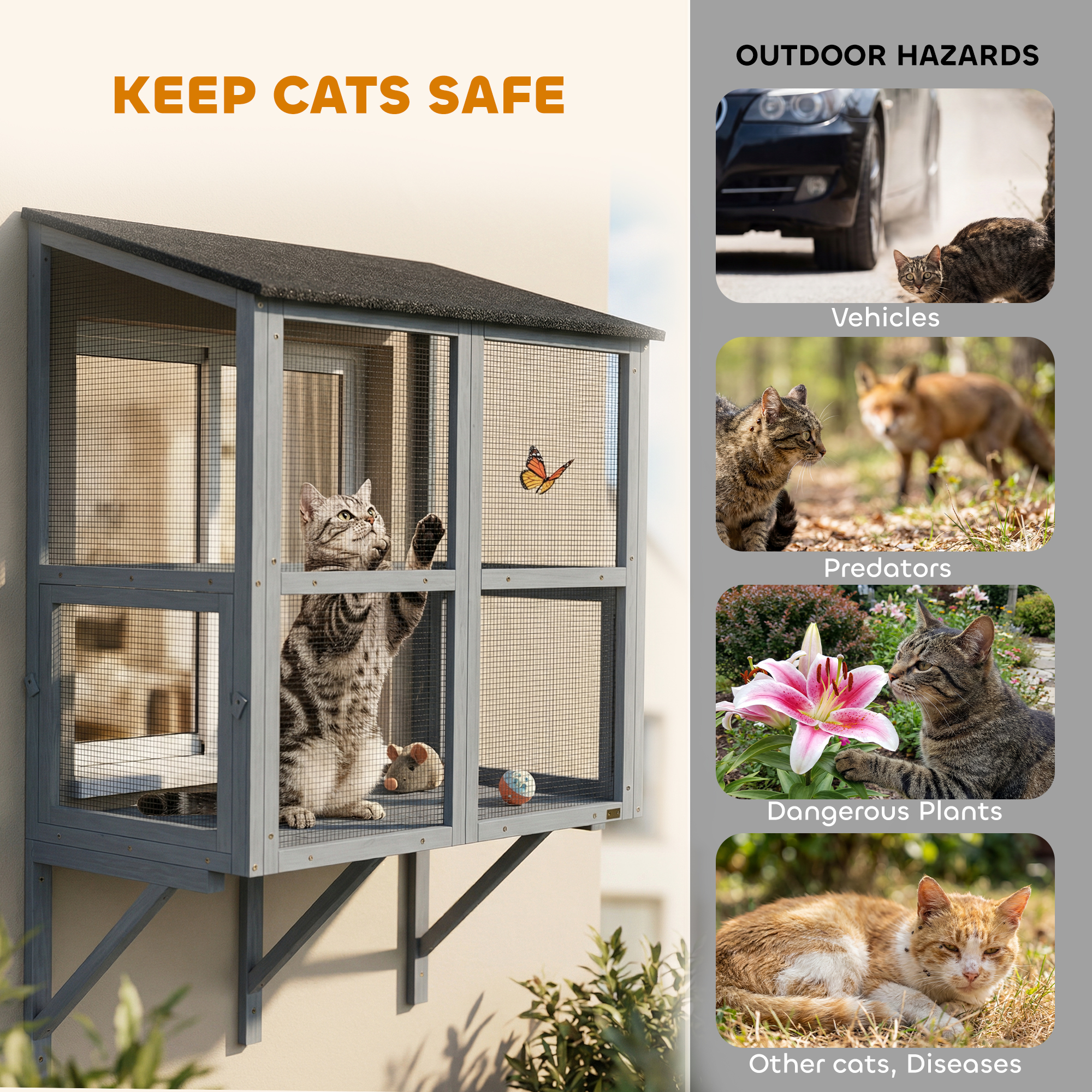 Catio Outdoor Cat Enclosure Wall-Mounted 2-Level Outdoor Cat House with Waterproof Roof 39.4" Grey