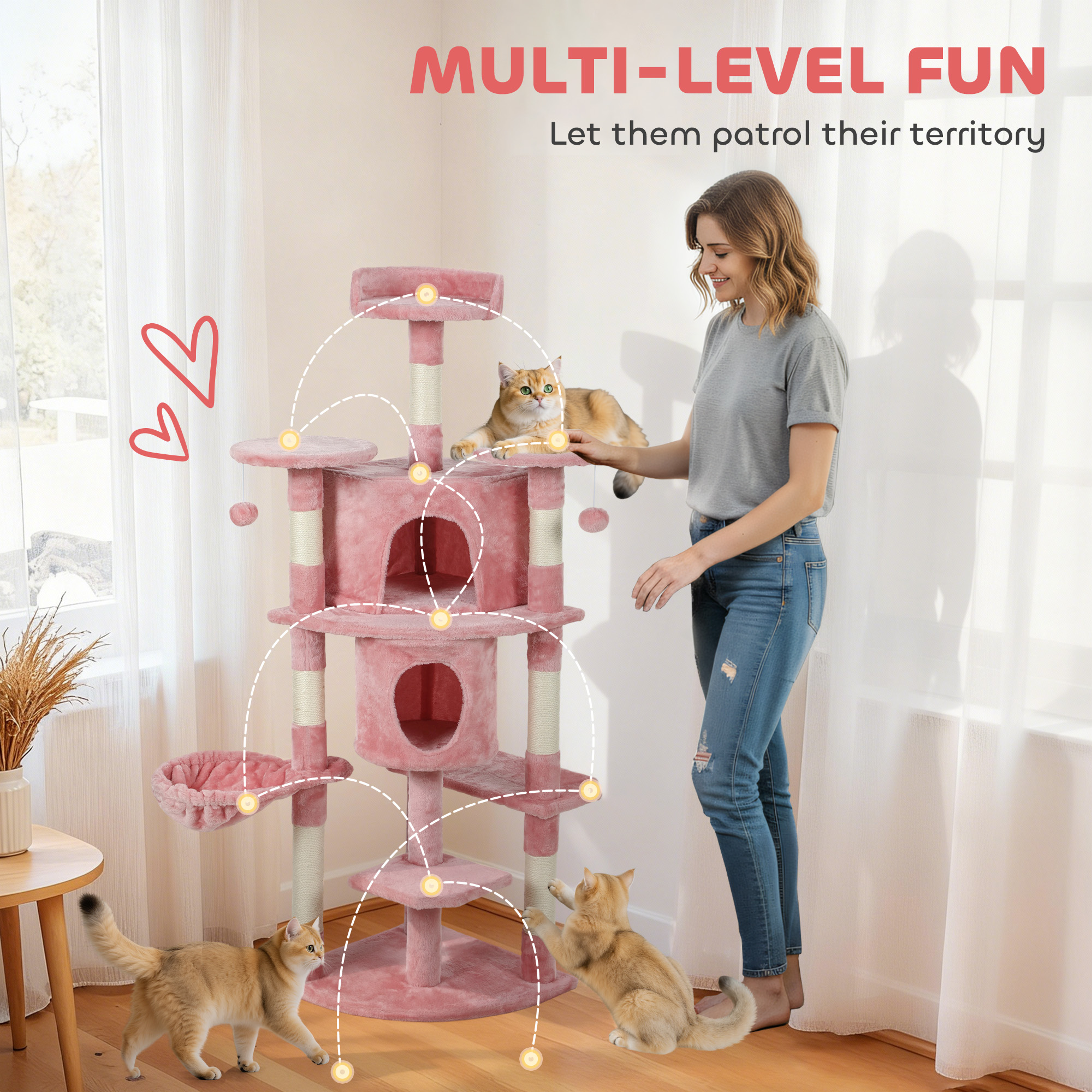 62" Cat Tree with Scratching Post, 2 Condos, Hammock, Perches, Plush, Pompoms, for Indoor Cats, Pink - Image 4
