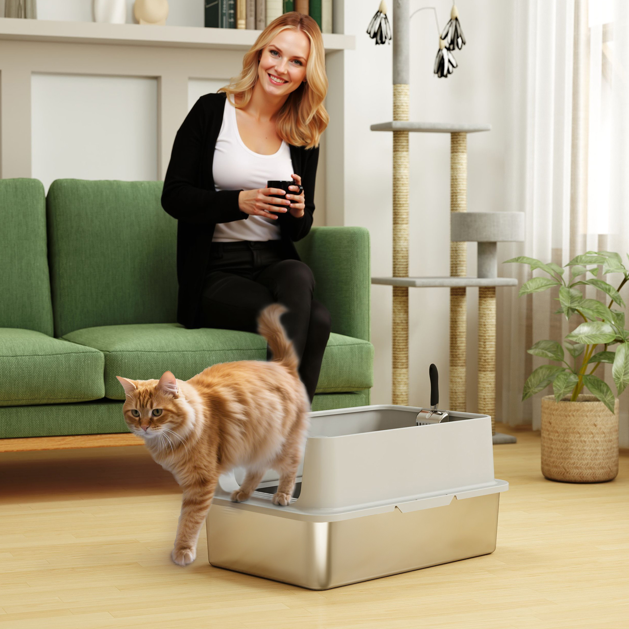 XL Stainless Steel Cat Litter Box for Big and Multiple Cats with High Wall Side, Scoop, Easy Cleaning & Odor Free
