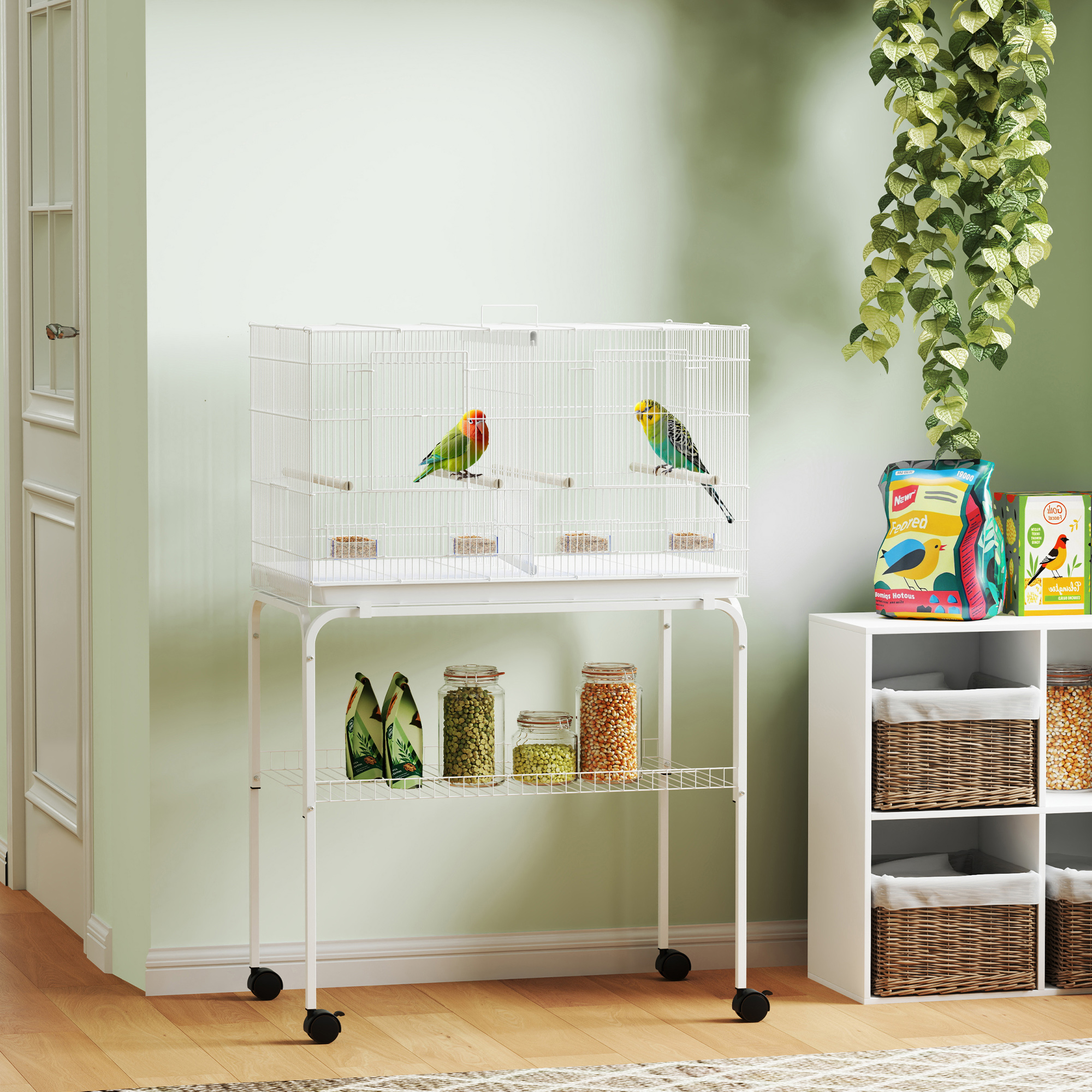 46" H Bird Cage, Large Parakeet Cage for Budgie, Lovebird, Canary, Finches with Divider, White
