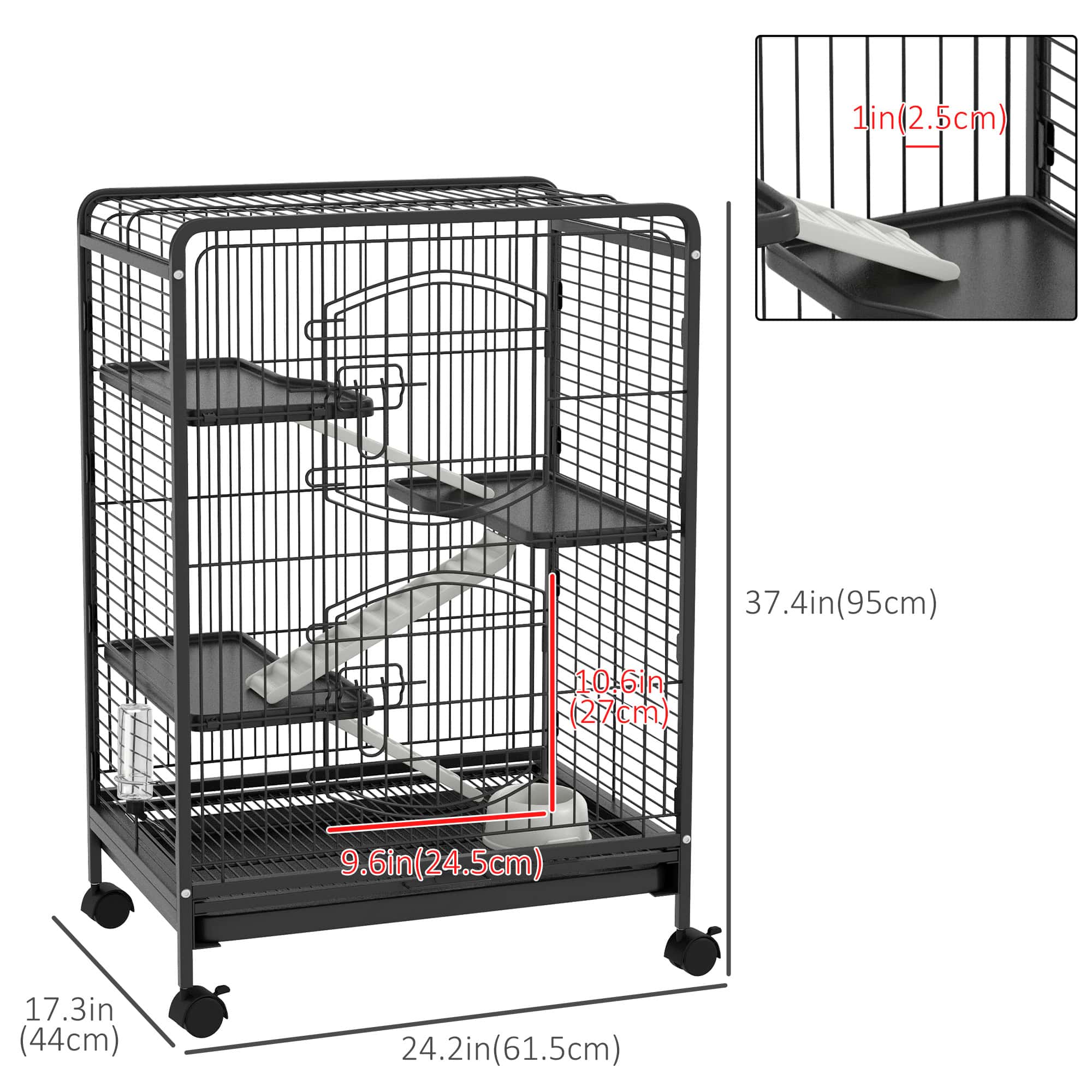 37"H Ferret Cage, 4-Tier Rolling Rabbit Ferret Chinchilla Squirrel Cage with Removable Tray, Platform, Ramp, Food Dish, Water Bottle, 24" x 17" x 37"
