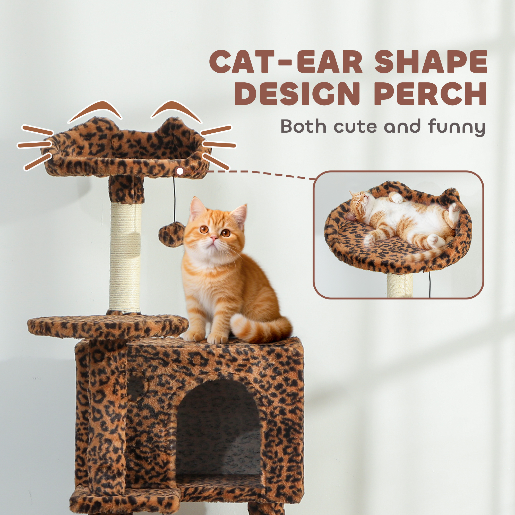63 Inch Cat Tree with Sisal Scratching Posts, Condos, Plush Perches, Hammock, Ladder, Dangling Balls, Leopard Print - Image 5